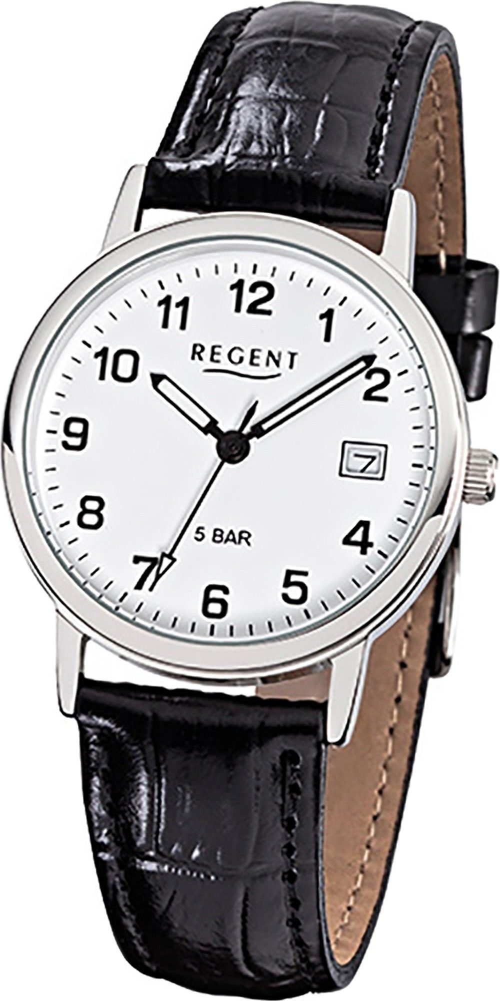 Regent Quarzuhr Regent Leder Herren Uhr F-791 Quarzuhr, Herrenuhr Lederarmband schwarz, rundes Gehäuse, mittel (ca. 34mm)