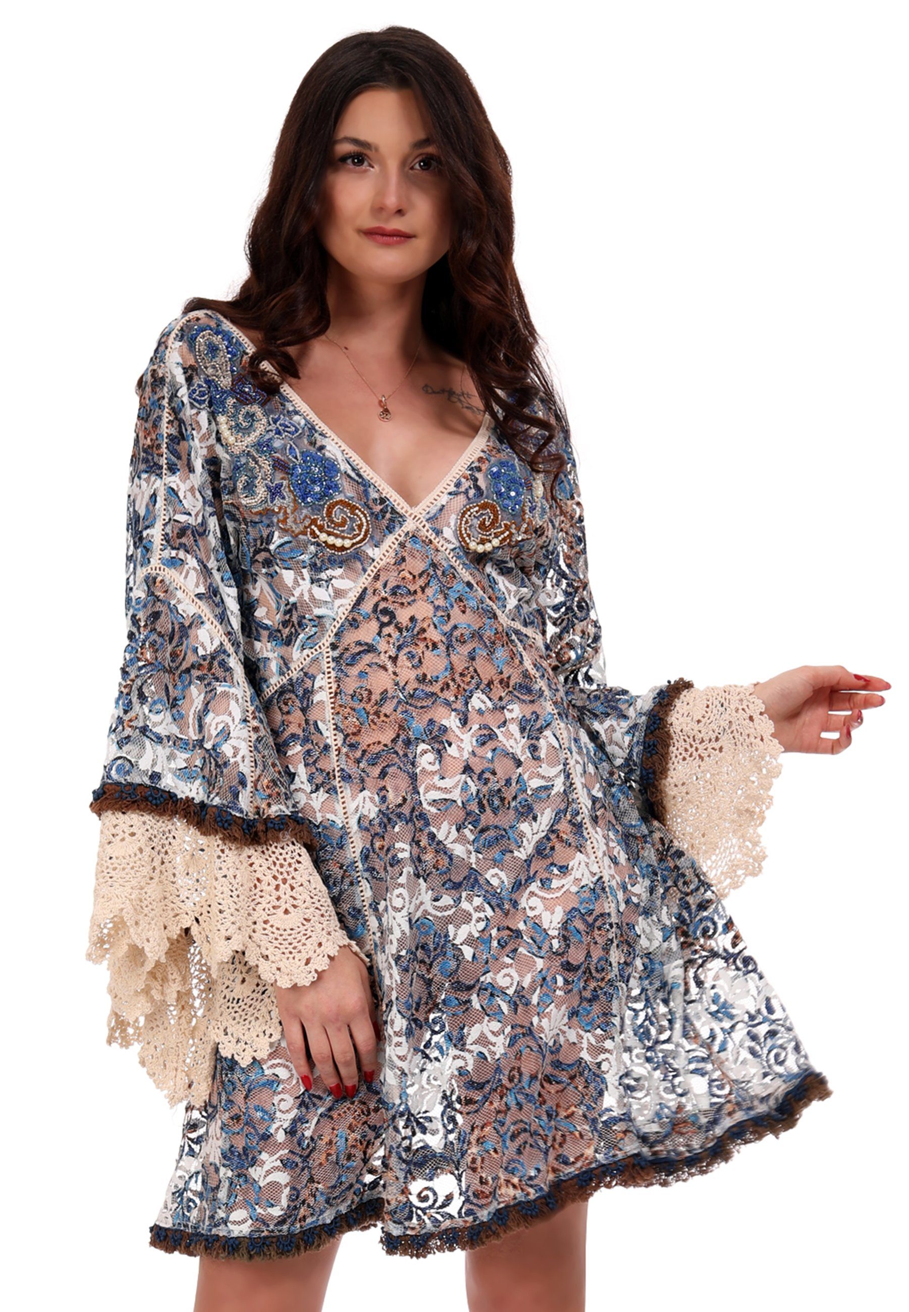 YC Fashion & Style Strandkleid Hippie Kaftan Tunika Kleid mit Perlen-Besatz  aus Häkel und Spitze (1-tlg) mit Blumendruck