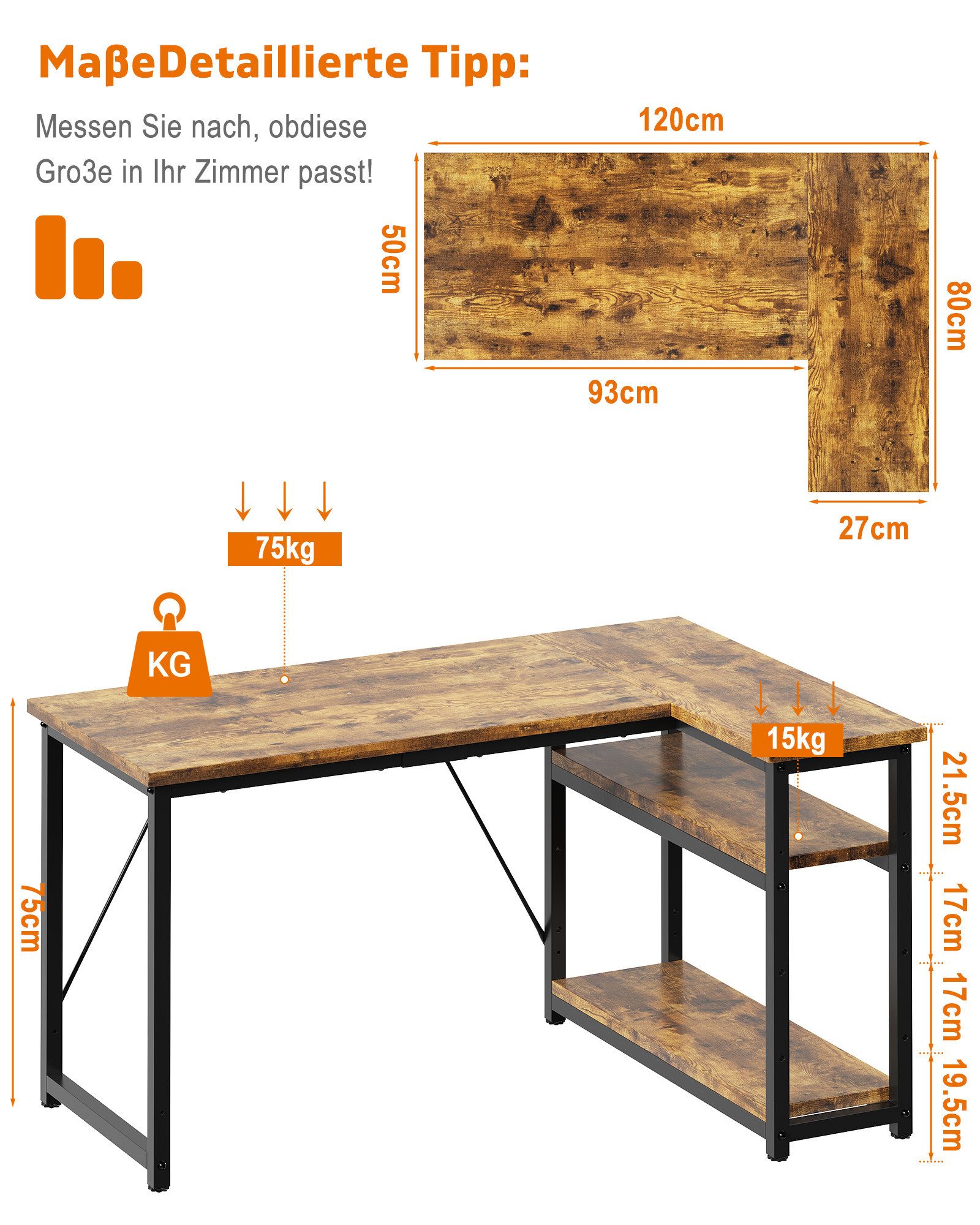 GUNJI Eckschreibtisch Eckschreibtisch Umkehrbarer L-förmiger Computer schreibtisch mit Hutch (Maße: 1 m/1,2 m/1,4 m/1,6 m, Schreibtisch mit verstellbaren Einlegeböden)