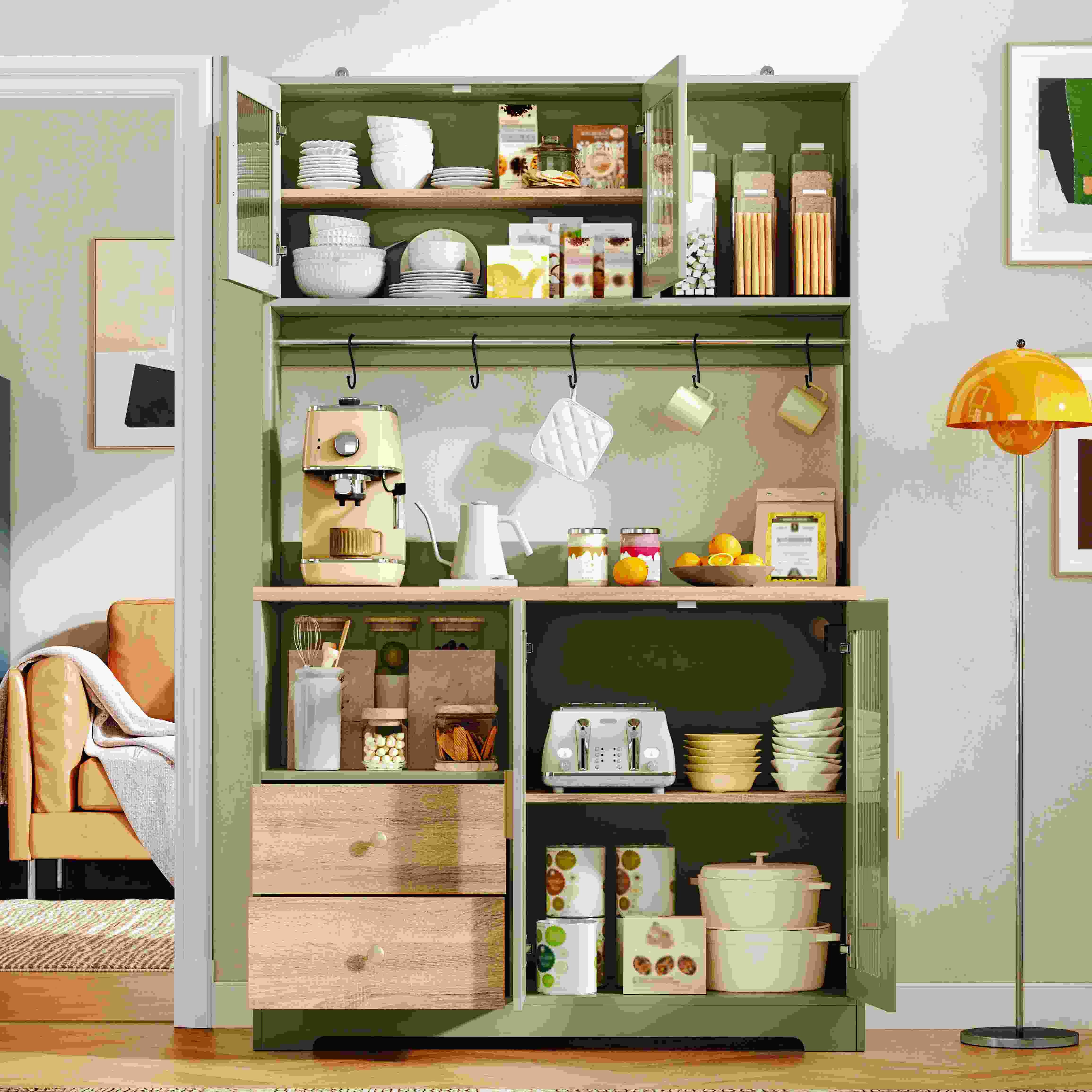 BlingBin Hochschrank Küchenschrank Küchenbuffet Buffetschrank Sideboard mit LED (2 Packung, 1-St., Küchenregal mit Steckdose, Vitrine mit Türen aus gehärtetem Glas) Weinregal, Grün mit Holzoptik verstärkter Arbeitsplatte