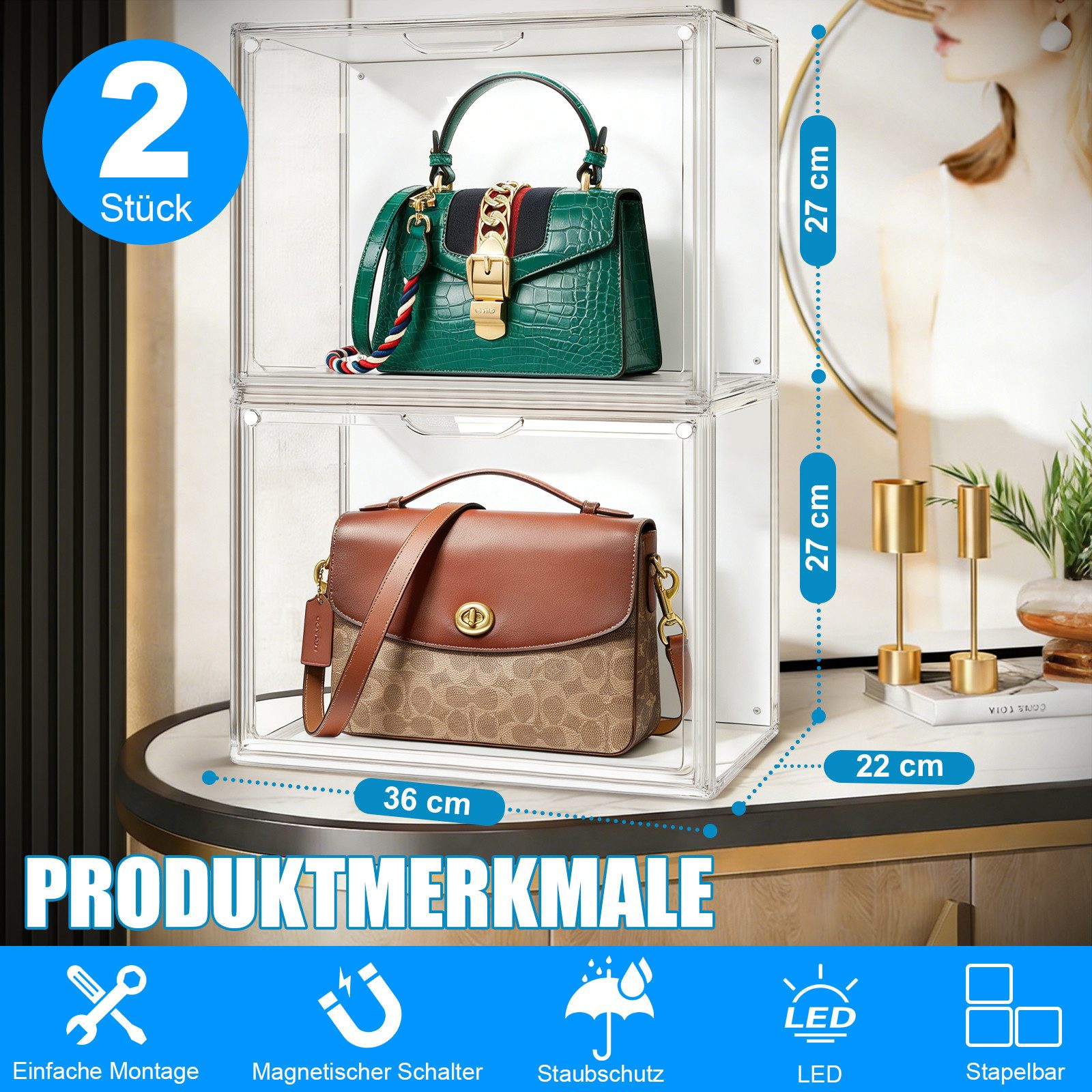 XERSEK Vitrine Acryl Displaybox mit LED, Magnettür, Transparent Organizer 36×22 ×27cm (2 Set] Staubdicht, Stapelfähig, Horizontal oder Vertical Platzierbar) Acryl-Vitrine für Figuren, Handtaschen, Spielzeug, Handwerk, Bücher