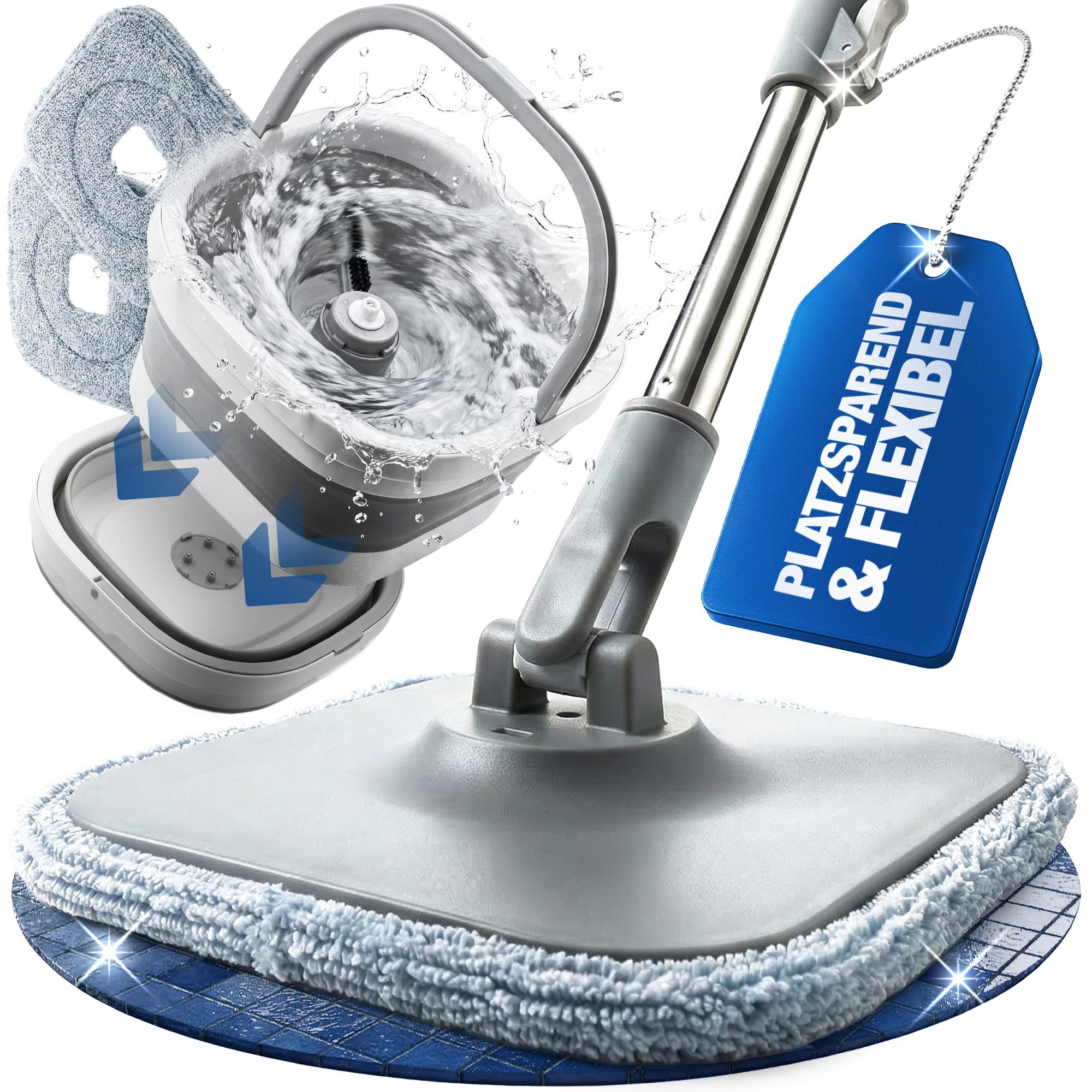 NTG Nutzfahrzeug Technik GmbH Wischmopp Set mit Flex Eimer + Teleskopstange I Bodenwischer I Mikrofaser-Pads, Schleudertechnologie - Roto-Mob – für alle Bodenarten