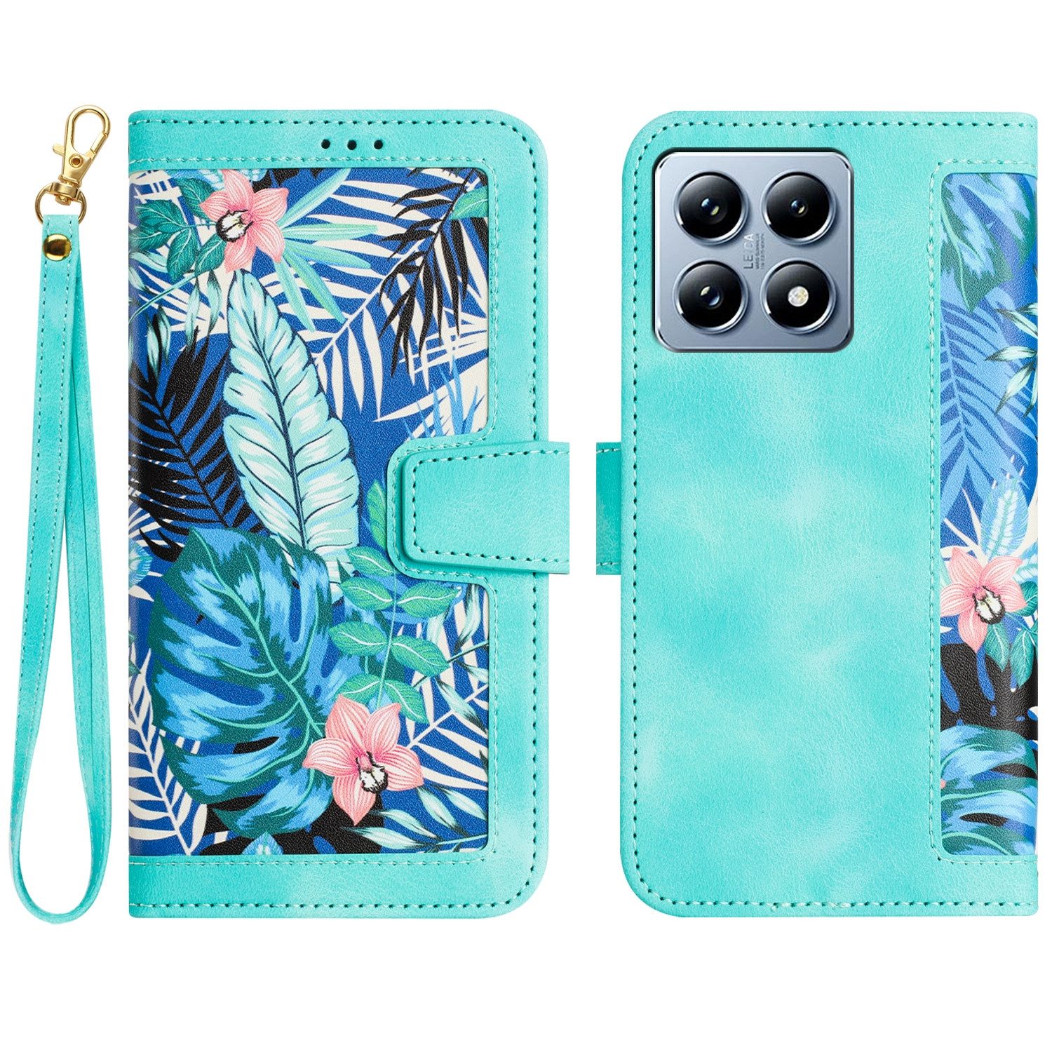 Wigento Smartphone-Hülle Für Xiaomi 14T Pro Kunstleder Book Wallet Blumen Tasche Hülle Grün, Blumenmuster, Kartenfächer, Lanyard