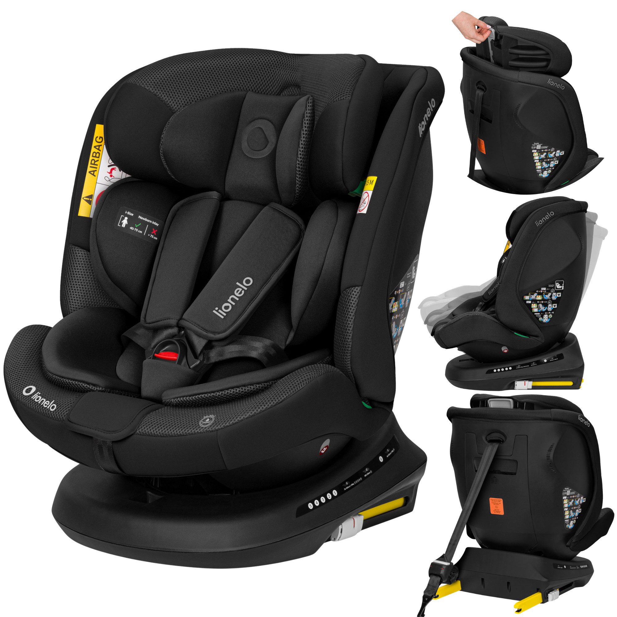 lionelo Autokindersitz BASTIAAN PLUS I-SIZE, ab: ab Geburt, bis: bis ca. 12 Jahre, ab: 40 cm, bis: 150 cm, (Autokindersitz + Verkleinerungseinlage + ISOFIX-Führungshülsen + Knopfzelle), 360°-Drehung/RWF bis 105 cm/Dri-Seat/Top-Tether-Alarm