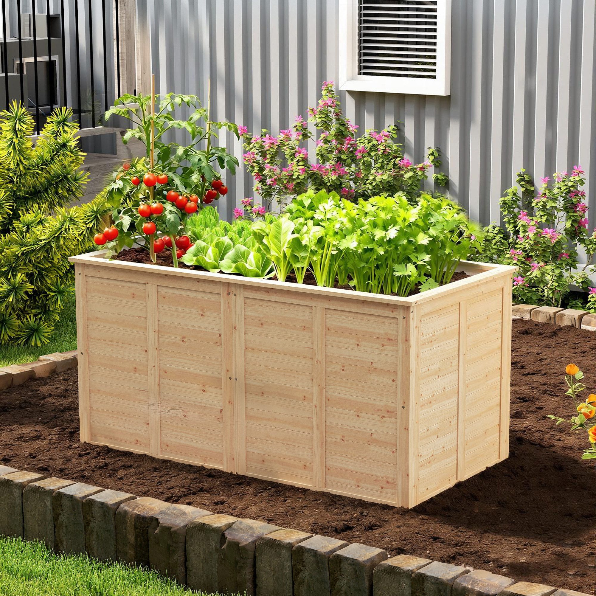 Outsunny Hochbeet mit Offenem Boden, Verstärkungsstangen (Pflanzkasten, 1 St., Erhöhtes Tief Kräuterbeet), für Außenbereich Garten Balkon Naturholz