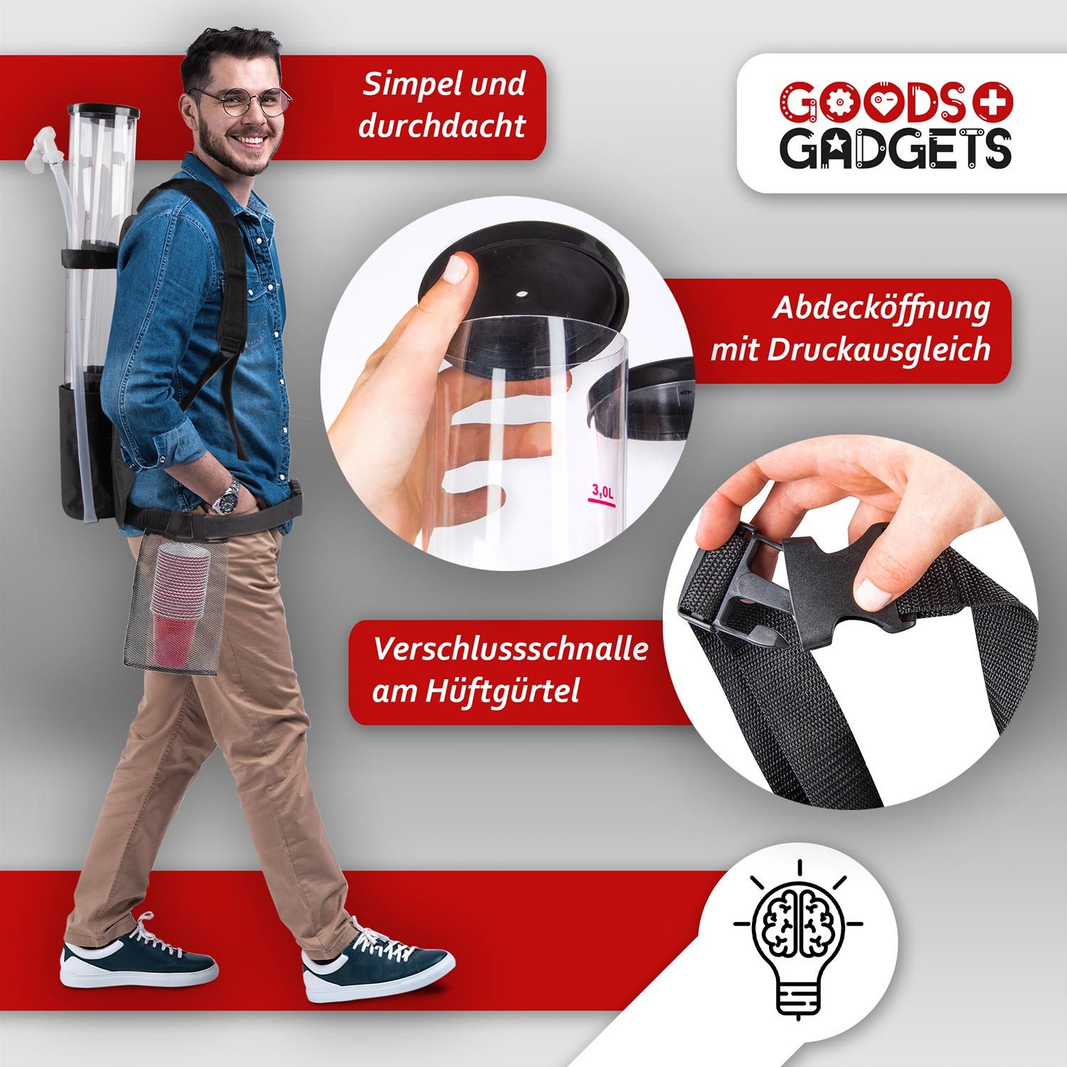 Goods+Gadgets Getränkespender GOODS+GADGETS 3L Bier Spender – Party Getränke Rucksack mit Zapfhahn, Getränkerucksack 1 x 3 Liter