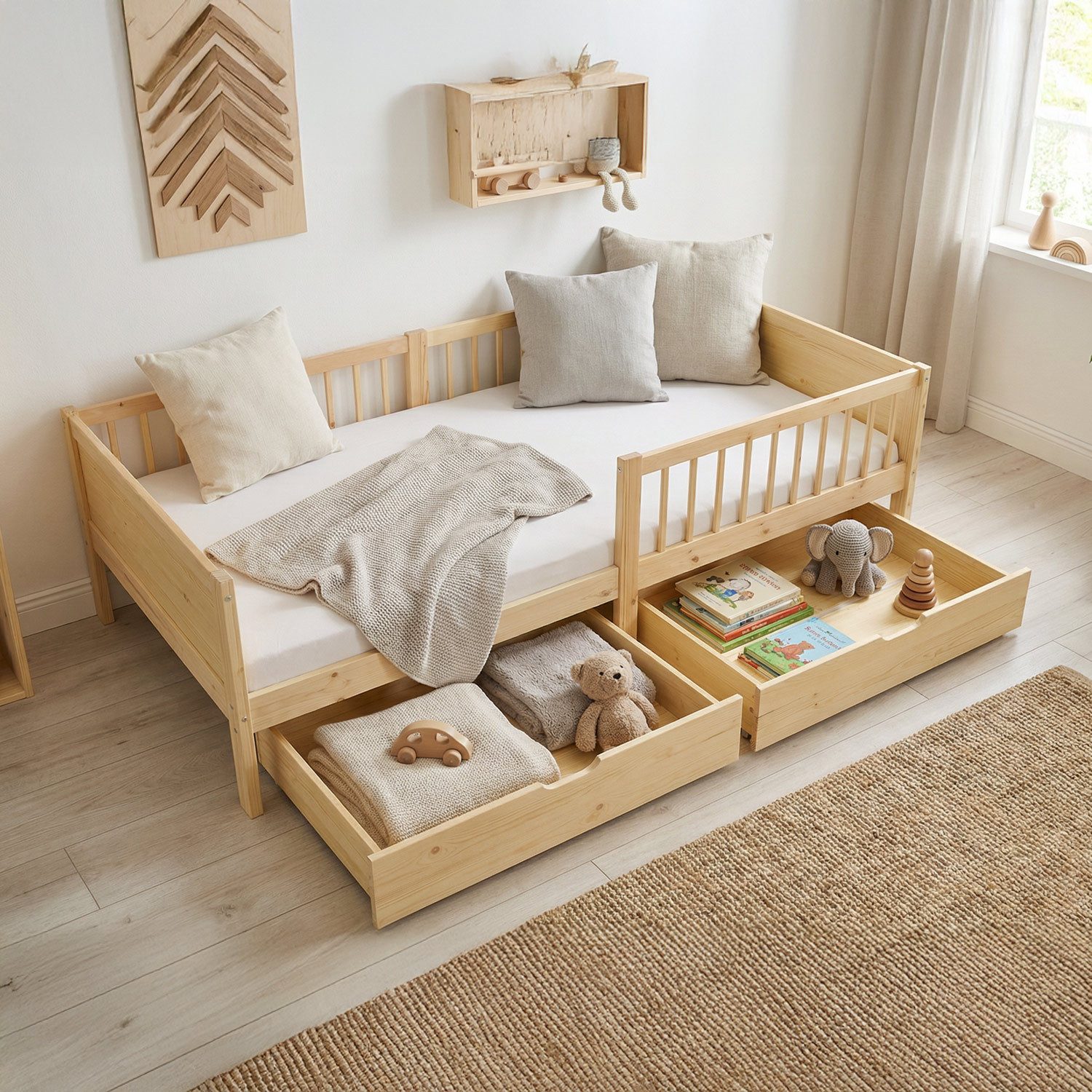 Homestyle4u Kinderbett 90x200 mit / ohne Matratze 2 Bettkästen Natur Grün Stauraum (Spar-Set, mit Lattenrost), Natur, Bettkasten/Schublade, Kiefer