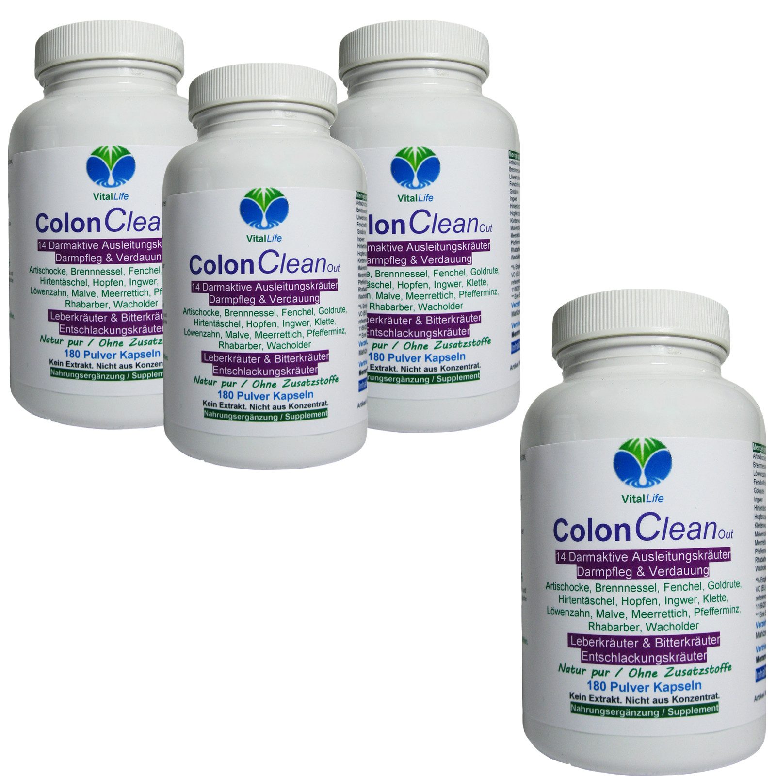 VitalLife Colon CleanOut 14 Kräuter + Bitterstoffe Komplex - Ohne Zusatzstoffe - Kapseln, 4 er Dose à 180 St., 298,8 g, Art. 26540-720