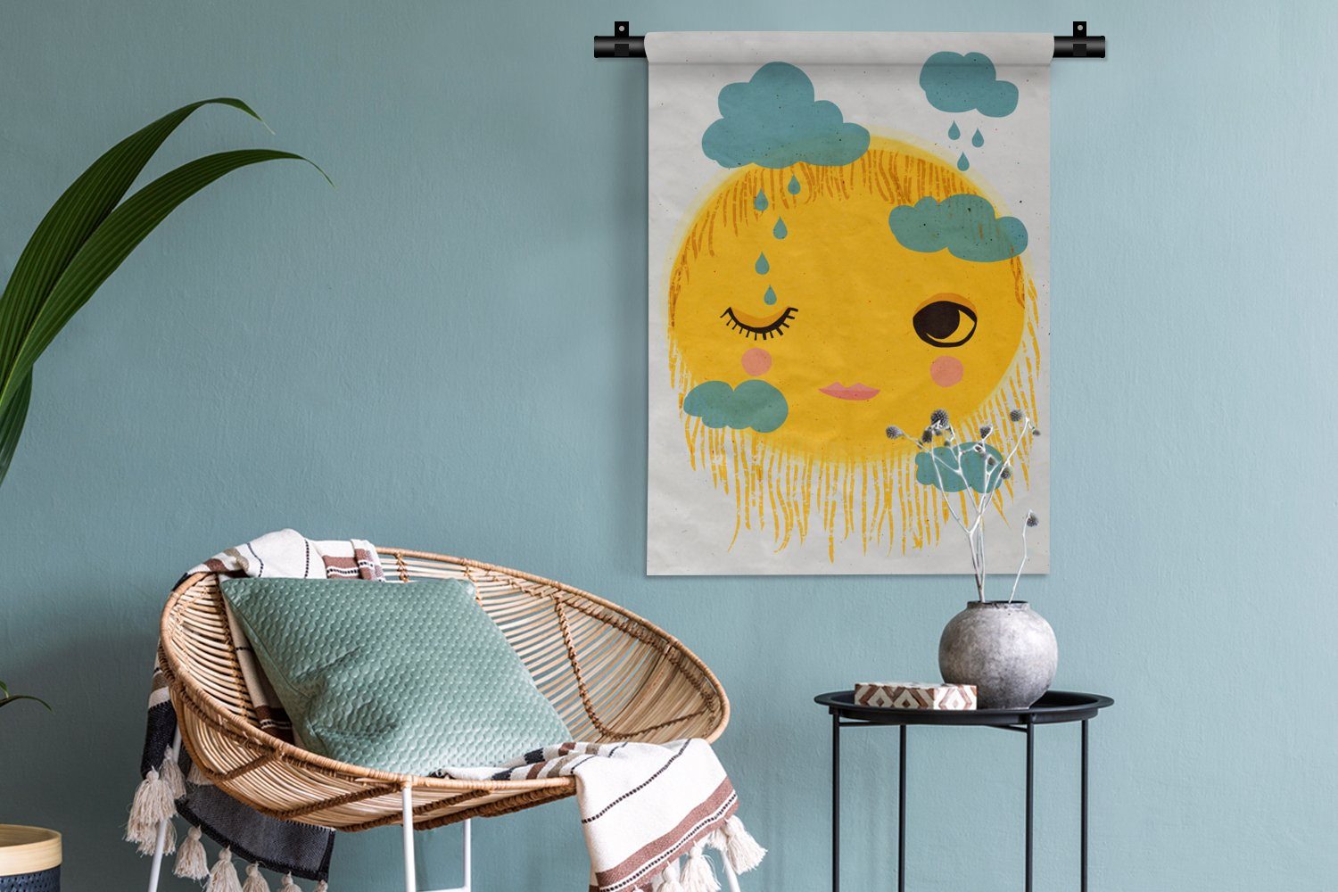 Deko der Wand, Tapisserie, - für Sonne MuchoWow Wanddekoobjekt an Schlafzimmer - Wohnzimmer, Gelb Gesicht - - Regen, Wolken
