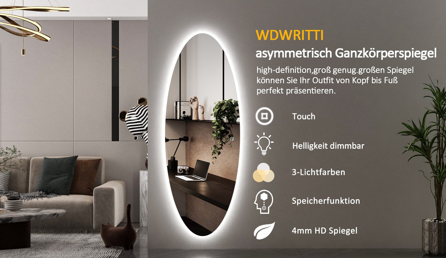 WDWRITTI Spiegel groß für Hotel Friseurladen Hairsalon Beauty Studio Wohnzimmer (Dekospiegel Friseurspiegel Ganzkörperspiegel mit / ohne LED Beleuchtung, 1-St., 180x80, 165x65, 165x60, 145x60cm), Oval, Bogen, asymmetrisch, Frauenfigur, Wassertropfen, Rechteckig