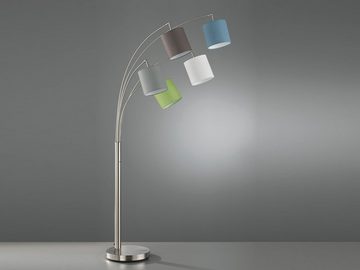 meineWunschleuchte LED Bogenlampe, mitgelieferte Leuchtmittel stufenweise über Lampenschalter dimmbar, LED wechselbar, Warmweiß, Designer Stehlampe ge-bogen mit 5x Stoff Lampenschirm dimmbar H: 180cm