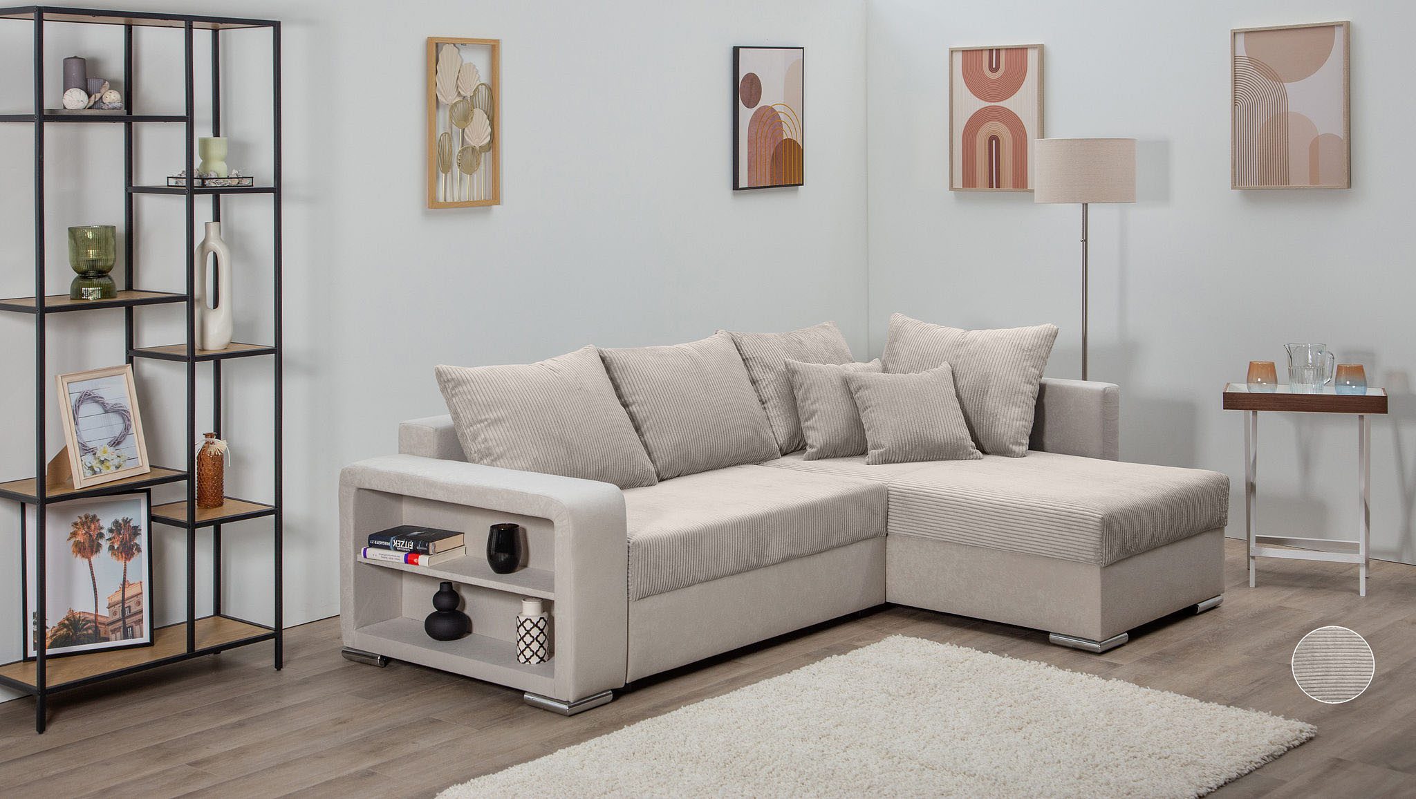 COLLECTION AB Ecksofa John L-Form, B: 226 cm, Bettfunktion, Bettkasten, Regalelement & 2 Zierkissen
