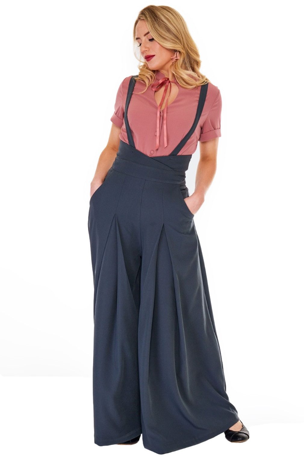 Voodoo Vixen Marlene-Hose Grey Wide Trousers Vintage Retro Hosenträger günstig online kaufen