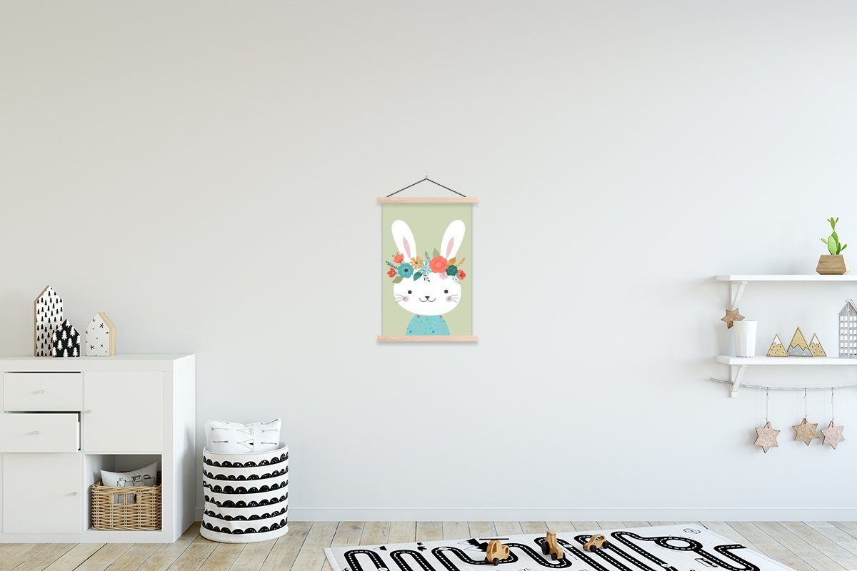 MuchoWow Poster Kaninchen - Blumen - Tupfen, (1 St), Posterleiste, Textilposter für Wohnzimmer, Bilderleiste, Magnetisch