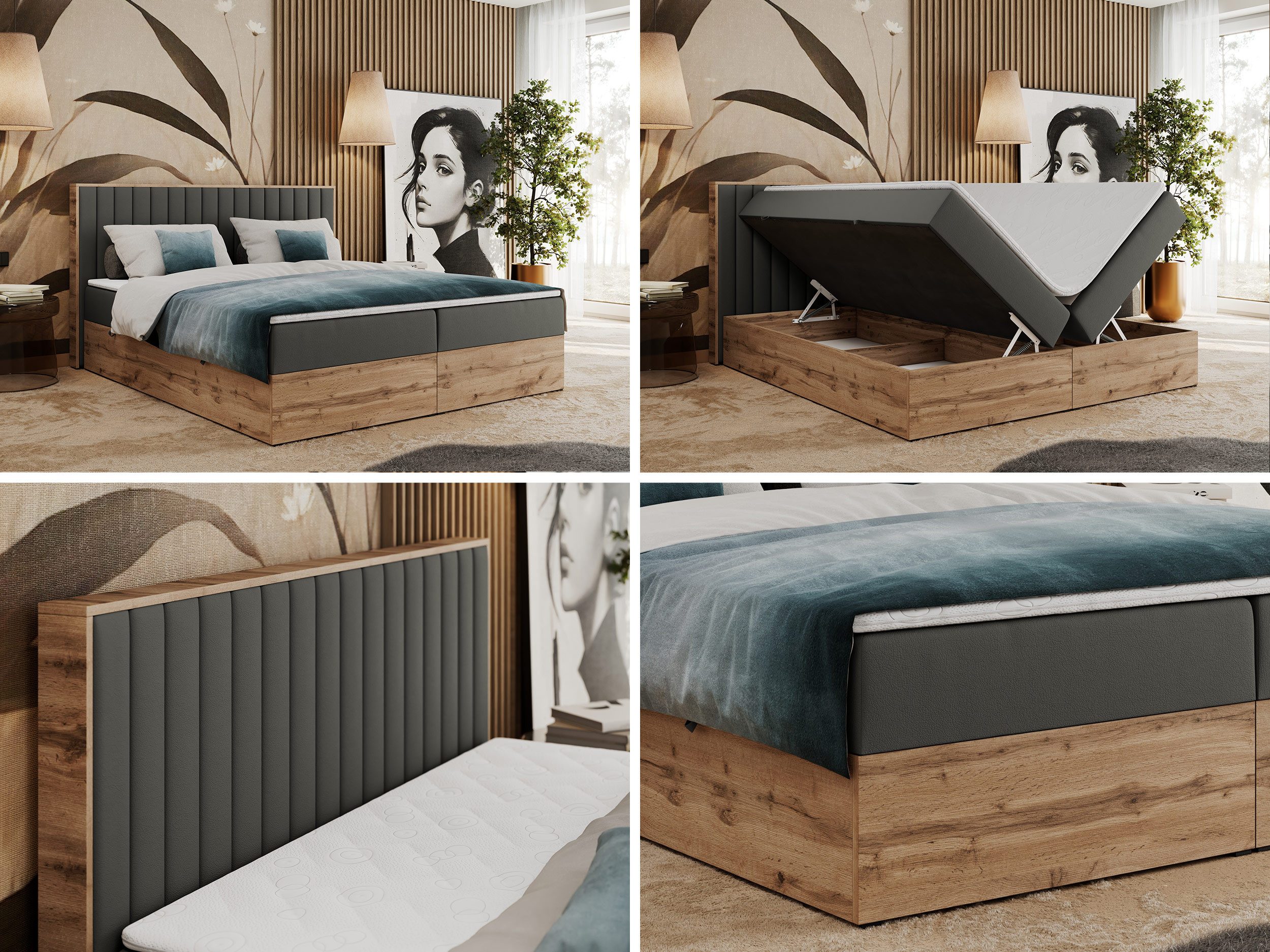 MKS MÖBEL Boxspringbett ALBERO 4 (Set, Packung, Kopfteil, Topper T25/Visco, Bettkästen, T30-Schaum, Polsterbett), mit Bettkasten, Doppelbett mit Kopfstütze, Möbelplatten, Matratze