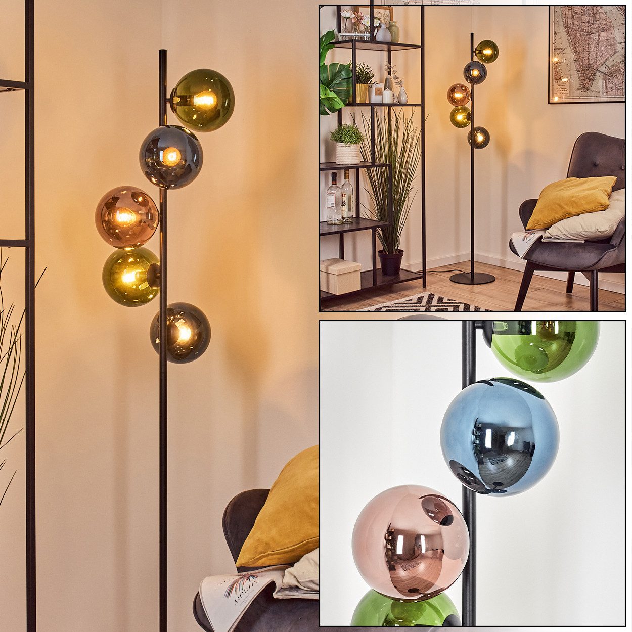 hofstein Stehlampe Stehlampe aus Metall/Glas in Schwarz/Blau/Grün/Kupfer, ohne Leuchtmittel, Stehleuchte im Retro/Vintage-Design mit Fußschalter, 160 cm, 5 x E14