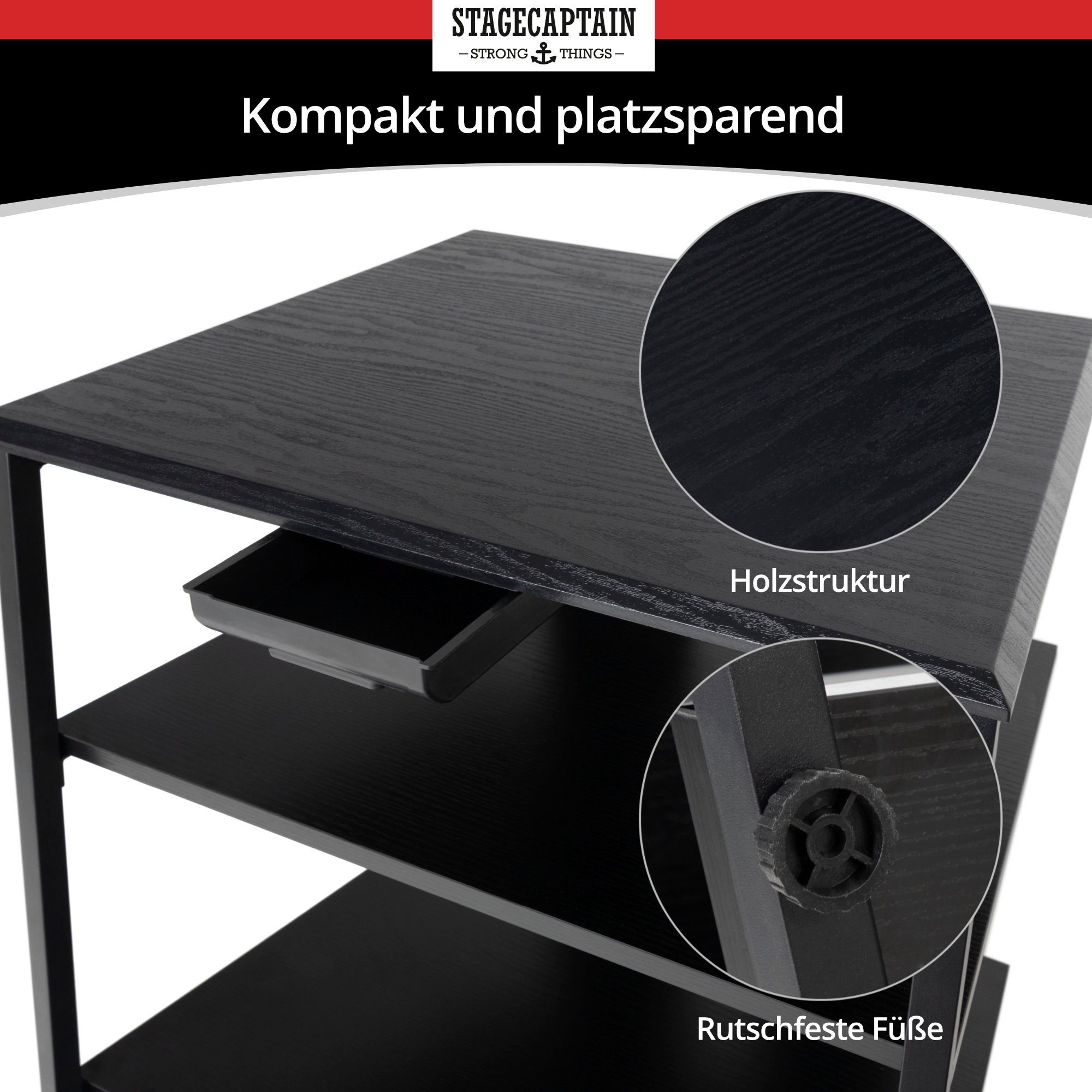 Stagecaptain TV-Regal HR-604 BK Audio Rack - Stylisches HiFi-Regal für Musikliebhaber, Inkl. kleine Schublade für Zubehör – Bild 5 von 5