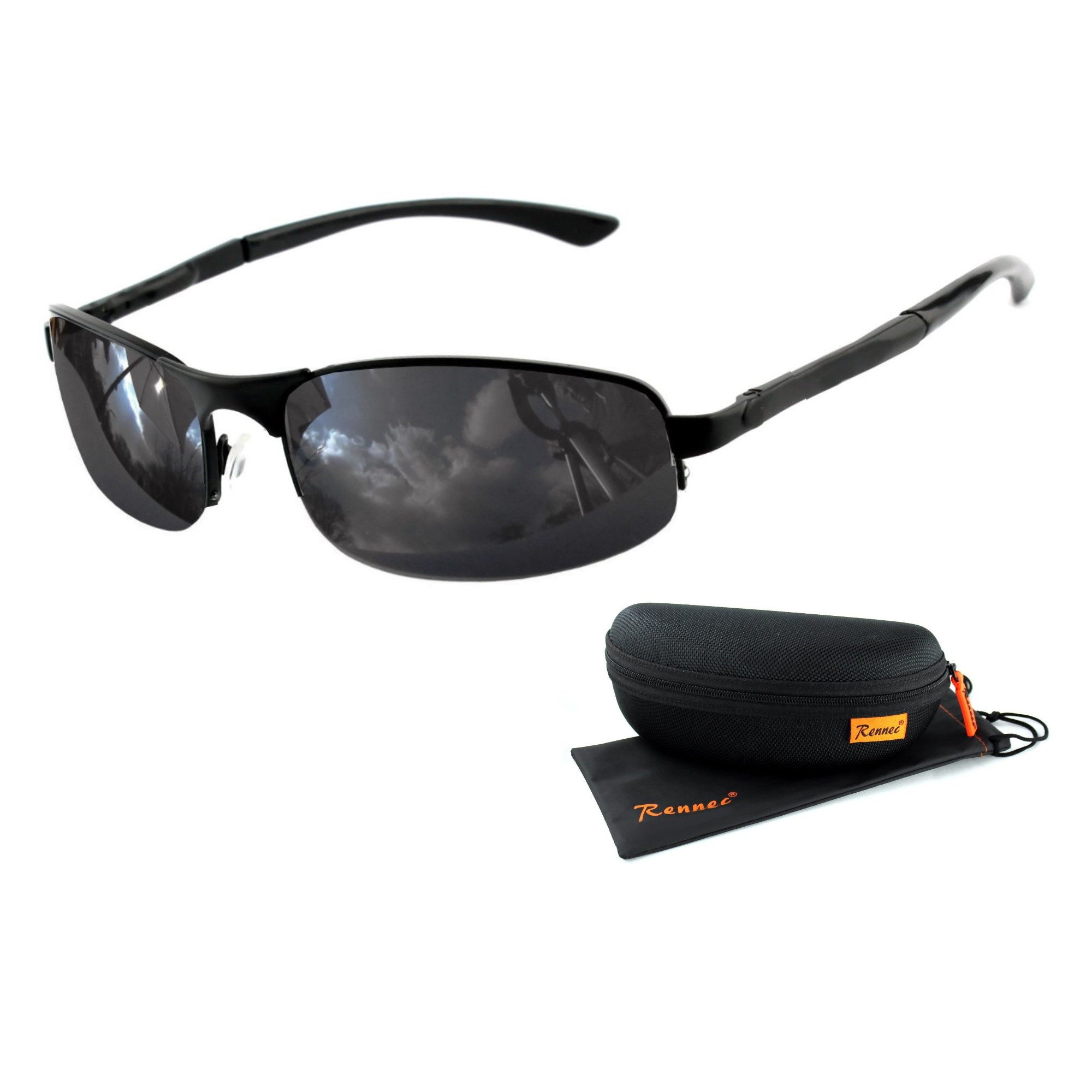 Rennec Sonnenbrille (Herren Markenbrille Schwarz mit Brillenbox) Schmale Ed günstig online kaufen