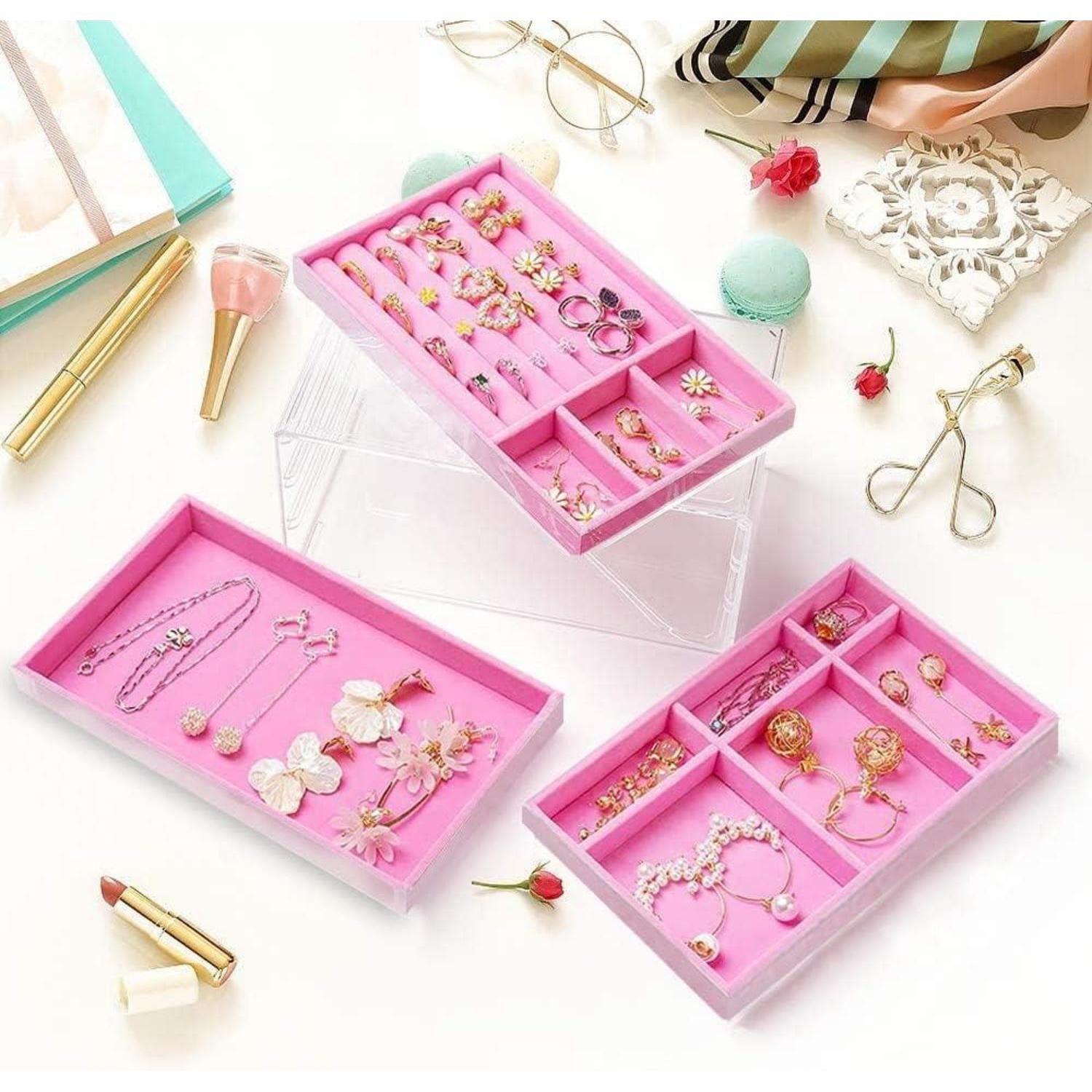 LuxusKollektion Schmuckkasten Schmuckaufbewahrung Schmucktabletts Ohrringe Armband Ringe Rosa – Bild 5 von 5
