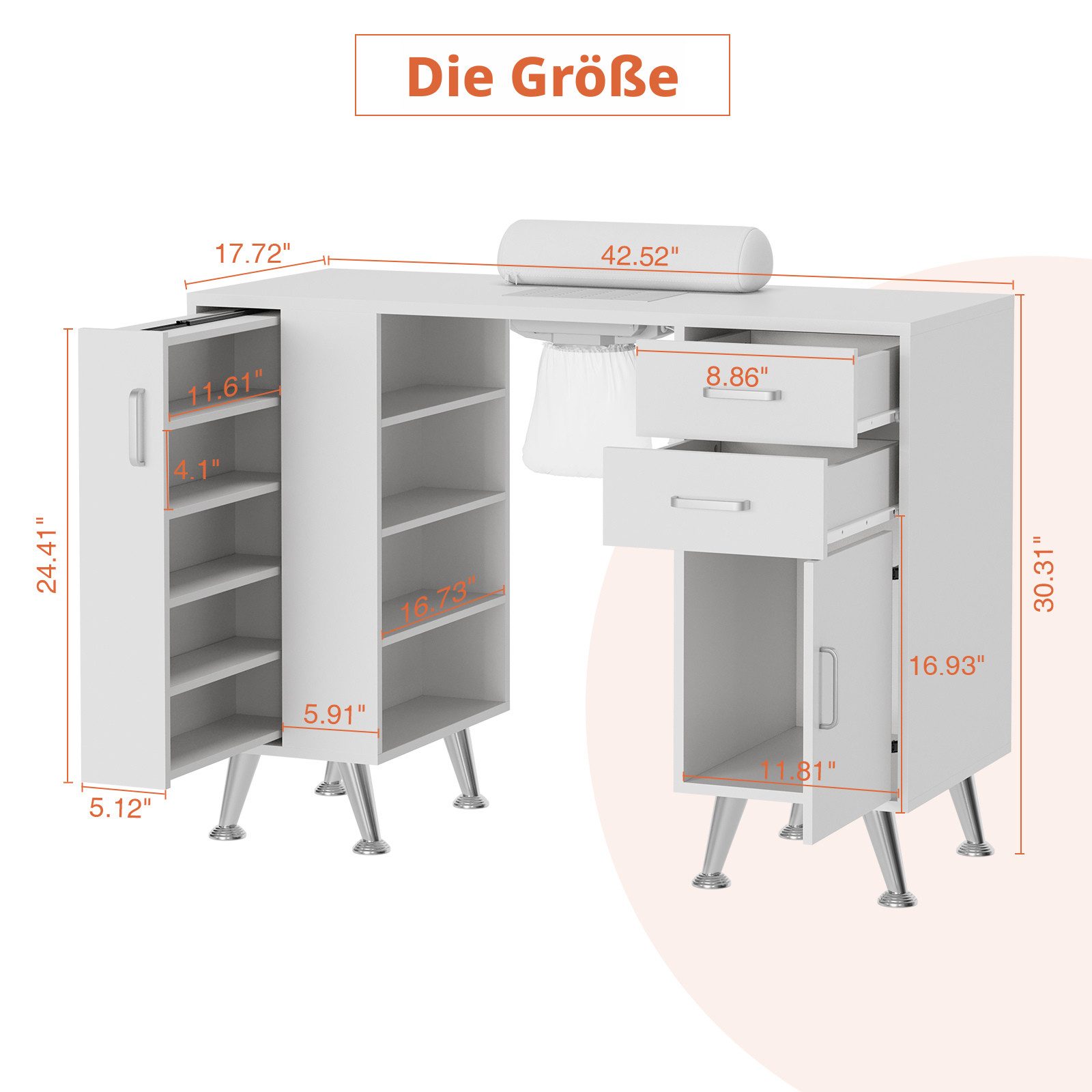 GarveeMore Arbeitstisch Nageltisch mit elektrischem Downdraft-Nagellackabsauger, Weiß (Schubladen & Schränke & Regalböden), weiche Handballenauflage, gedämpfte Scharniere, vertikale Auszüge