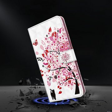 CLM-Tech Handytasche für Samsung Galaxy A15 5G Hülle Tasche aus Kunstleder Klapphülle (Baum rosa weiß, Handyhülle Wallet Flip Case Cover Etui), Schutzhülle mit Standfunktion, Kartenfächer, und Magnetverschluss