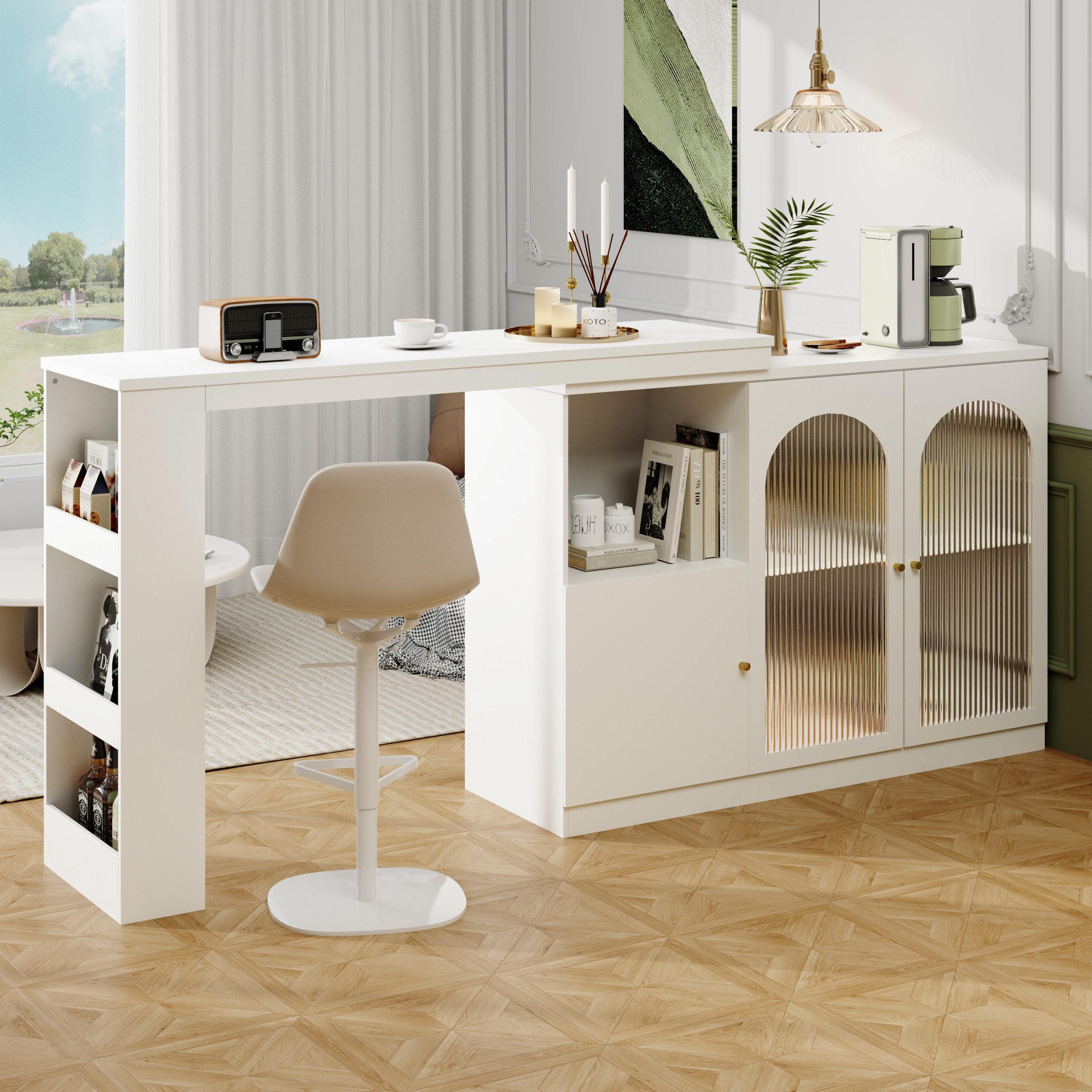 Flieks Bartisch 360° drehbar Stehtisch mit Sideboard, Weiß | Weiß