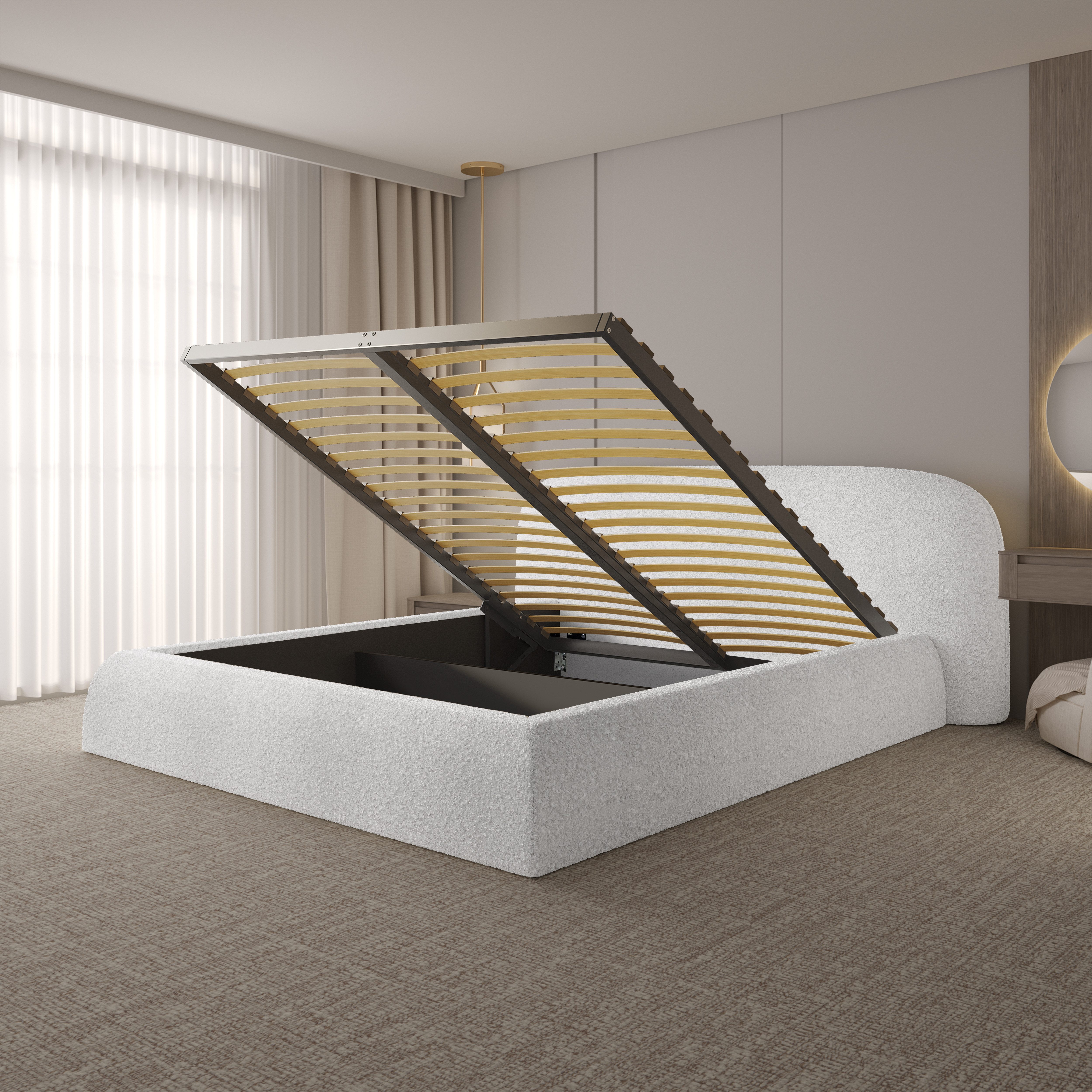 yourhouse24 Polsterbett Bett Atlanta Bouclé mit Stauraum (Lattenrost und Bettkasten inklusive), Hausbett, inkl. Bettkasten, in 3 Farben