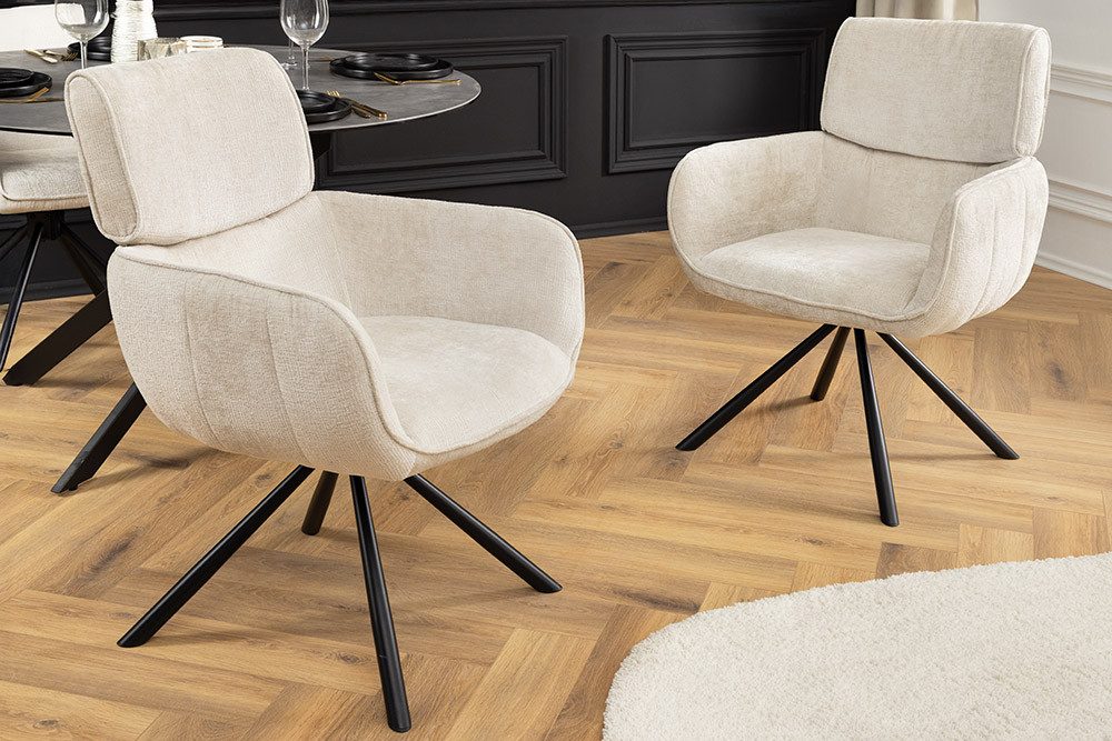 riess-ambiente Drehstuhl UNIQUE champagner/schwarz – Chenille, mit Armlehne, Metallgestell (Einzelartikel, 1 St), 180° drehbar mit Rückholmechanik – ideal für Esszimmer oder Büro