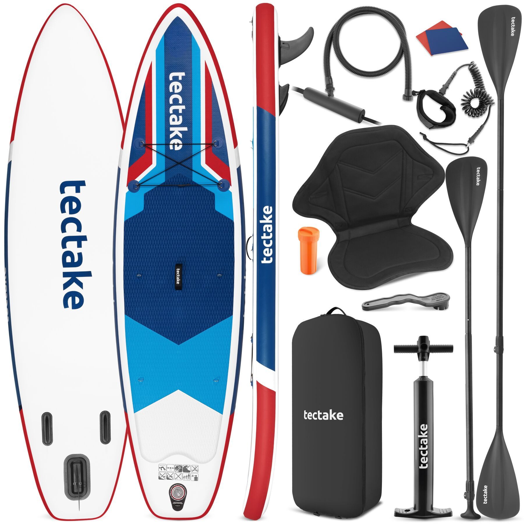 tectake SUP-Board Aufblasbares Paddelbrett mit Kajak-Sitz, rutschfest, bis 200 kg, Stand-up Paddle, (Aufblasbares Stand up Paddle Board Poseidon, in Rot/blau), verstellbares Doppelpaddel, Inkl. Zubehör