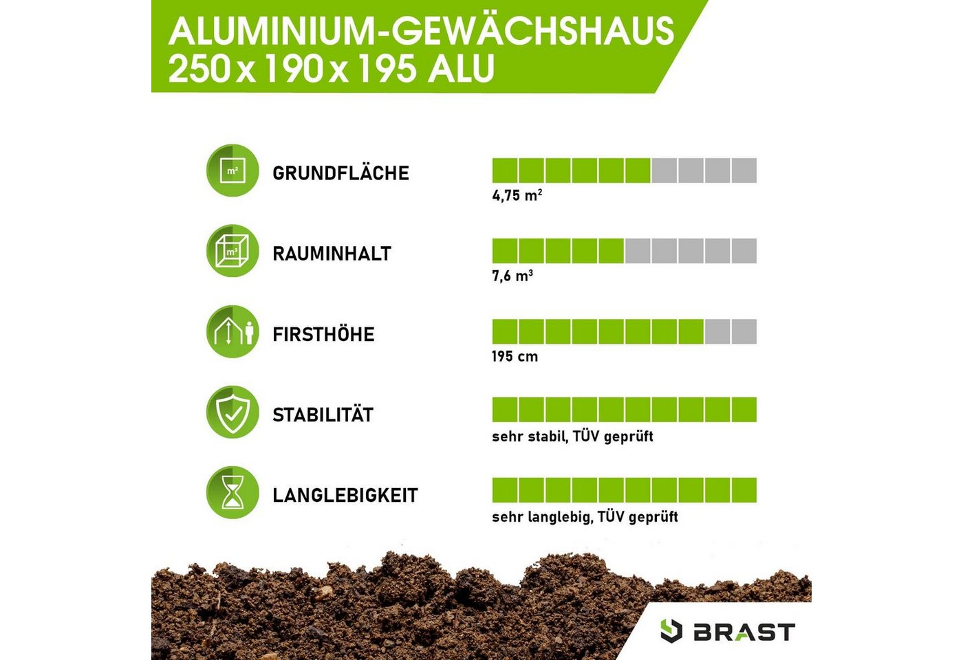 Thumbnail - BRAST Gewächshaus ALU mit Fundament rostfrei 250x190x195cm TÜV geprüft, BxTxH: 190 x 250 x 195 cm, wetterfestes hochwert...