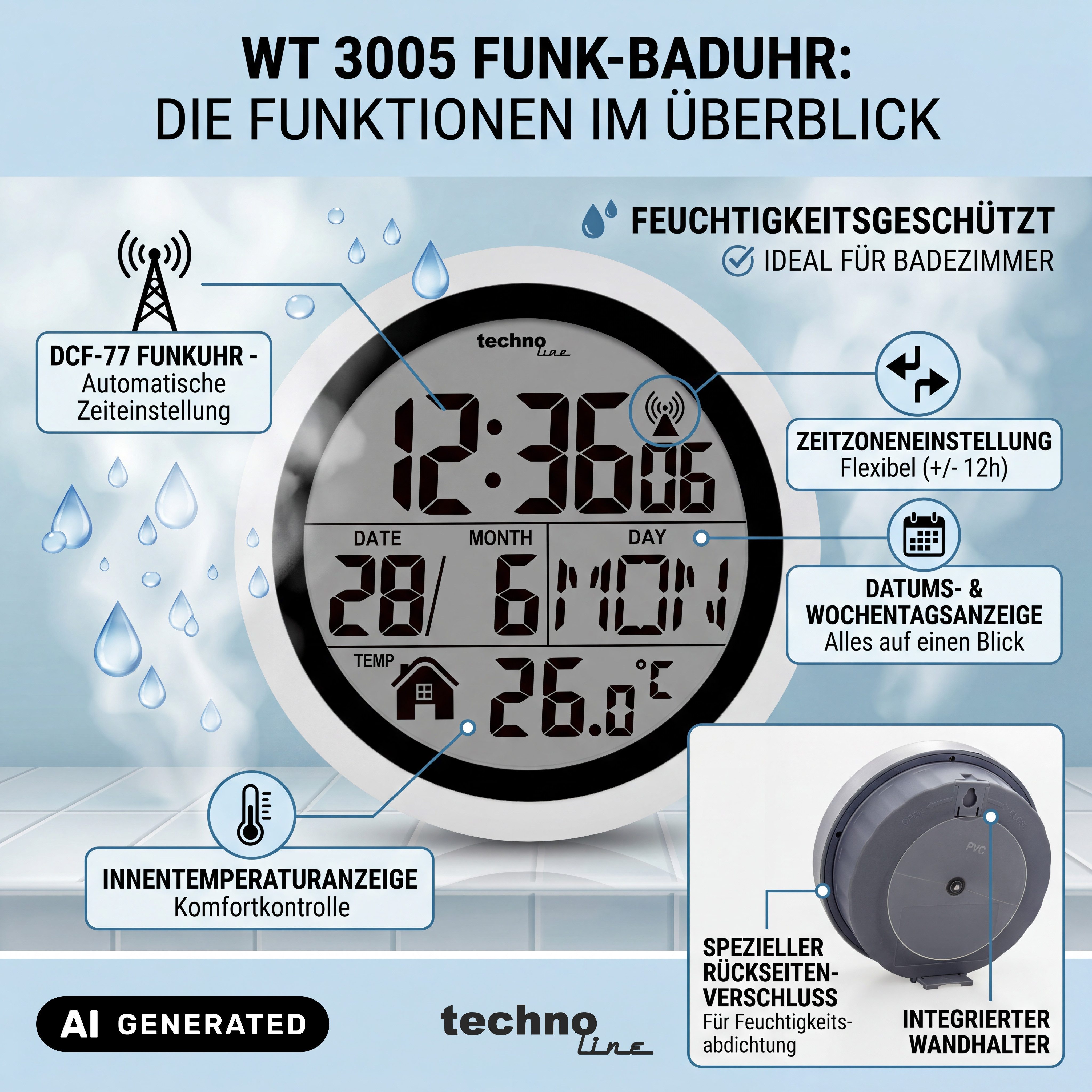 technoline Badezimmeruhr WT 3005 (mit Saugnäpfen zur einfachen Montage)