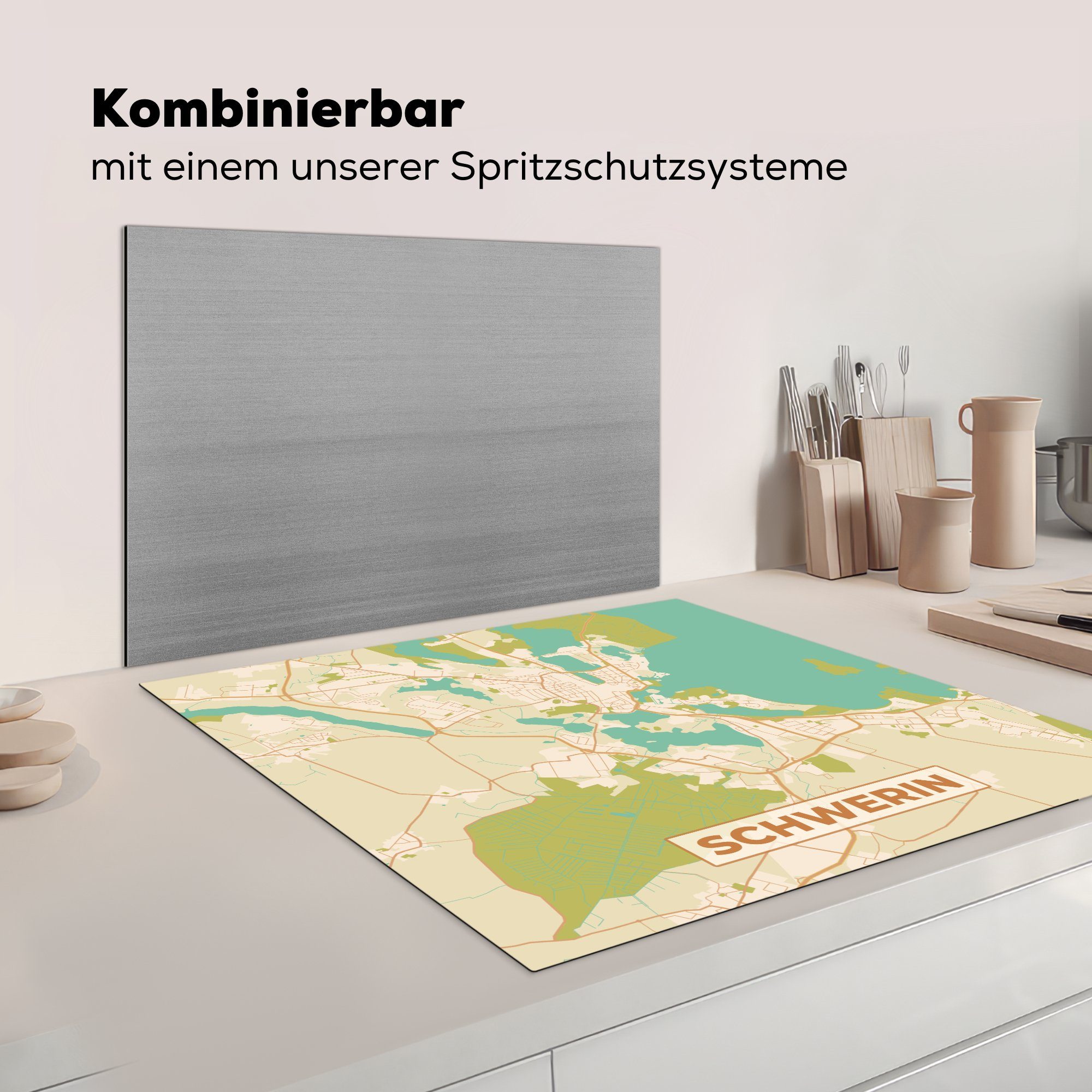 - - Ceranfeldabdeckung, Herdblende-/Abdeckplatte 78x78 Stadtplan, Vintage tlg), küche Vinyl, Schwerin (1 - cm, Arbeitsplatte Karte für MuchoWow