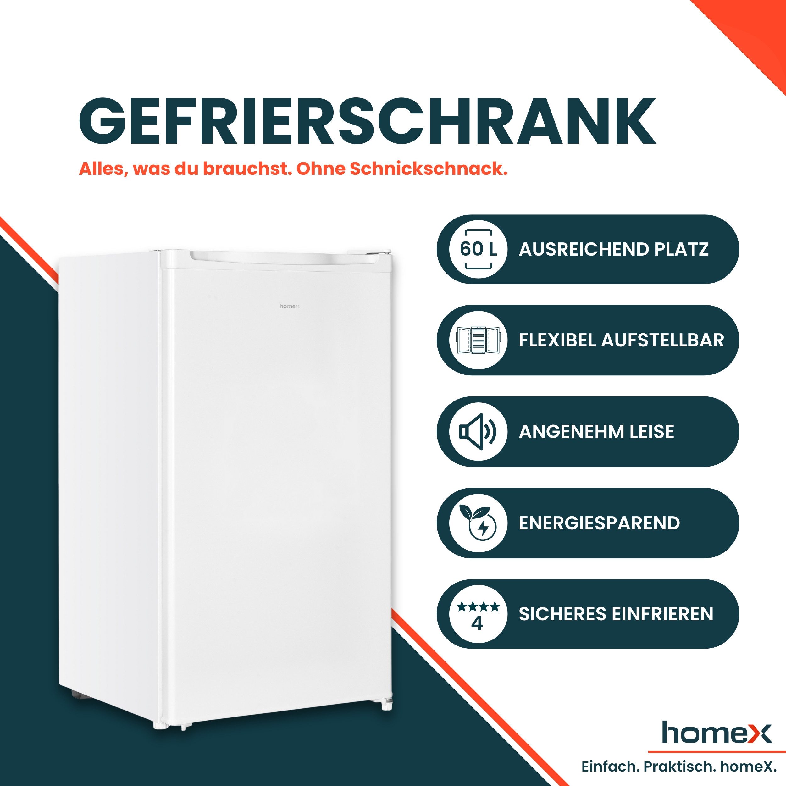 homeX Gefrierschrank FS1016-W, 85 cm hoch, 47.5 cm breit, 60 Liter, Tiefkühlschrank klein, Freezer, 4-Sterne Gefrieren, leise