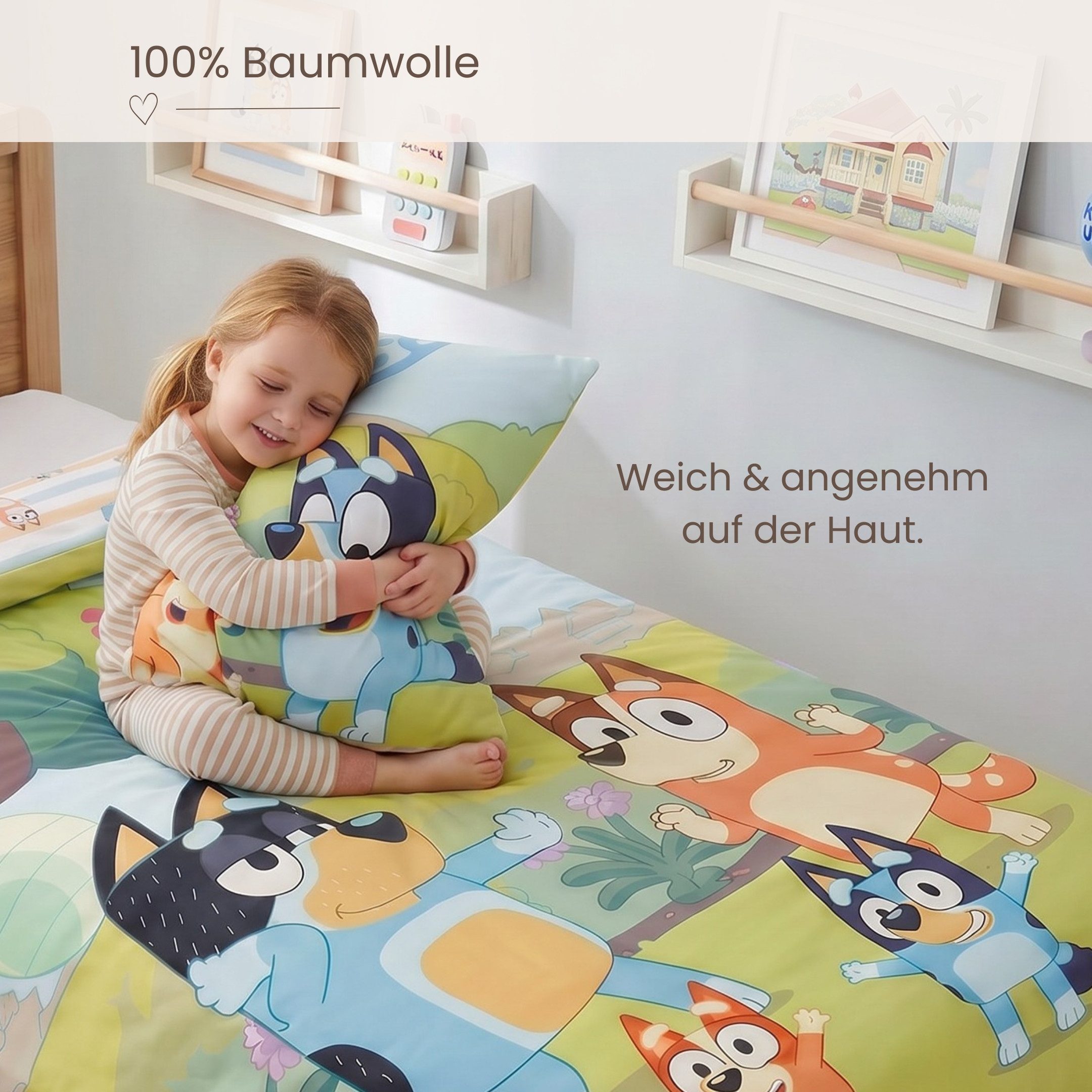 MTOnlinehandel Kinderbettwäsche Bluey Renforcé in 135x200 + 80x80 cm, Geschenkidee, 100% Baumwolle, 2 teilig, Wendebettwäsche für Mädchen und Jungen, Bingo & Bl – Bild 5 von 5
