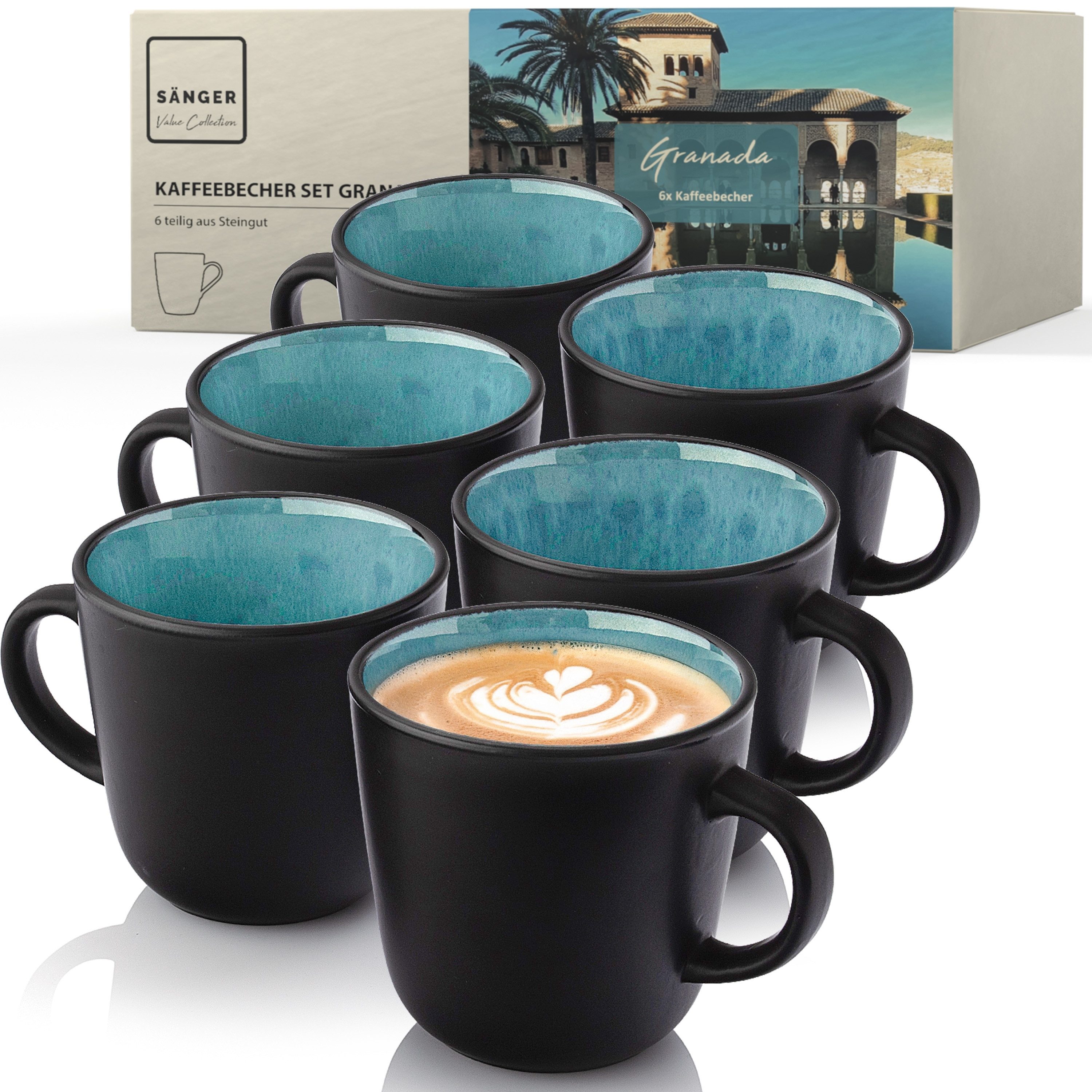 SÄNGER Becher Granada, Steingut, 6 tlg. Kaffeebecher Set, 430 ml, Handmade, Blau, VALUE COLLECTION
