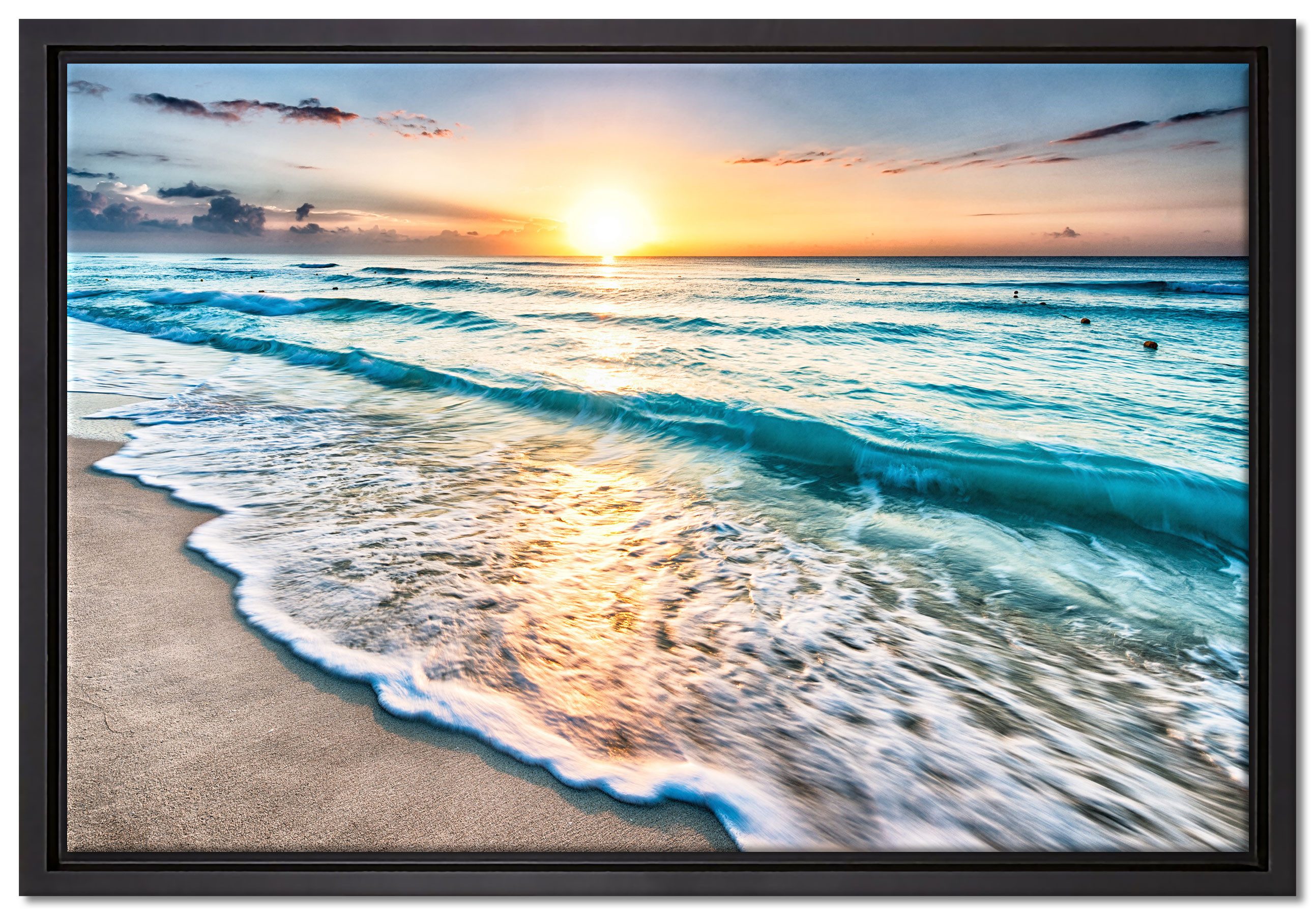 Pixxprint Leinwandbild Meer bei Sonnenuntergang, Meer bei Sonnenuntergang (1 St), Leinwandbild bespannt, im Schattenfugenrahmen, inkl. Zackenaufhänger