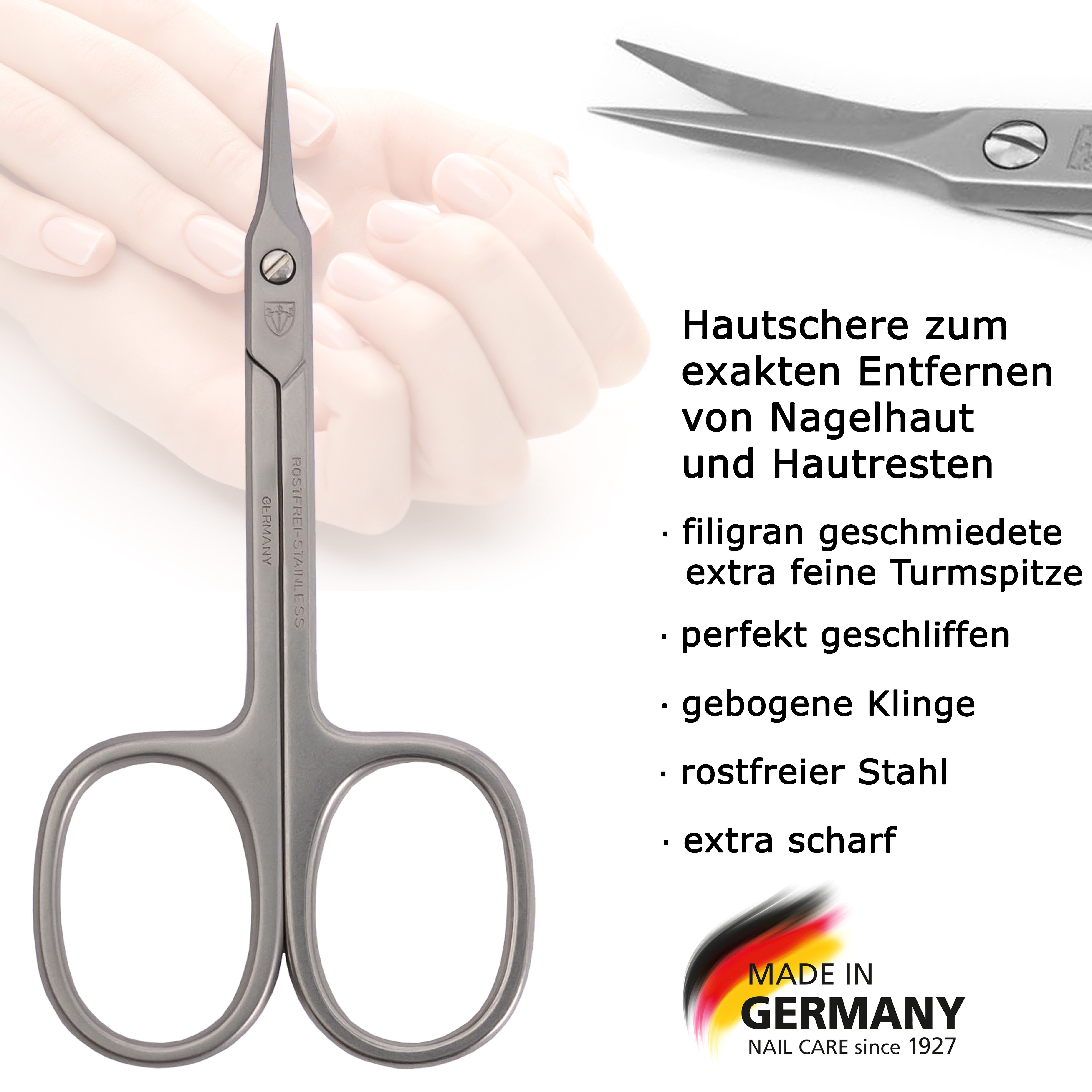 3 SCHWERTER Hautschere Rostfreie Maniküreschere mit Kunstlederetui, Exakte Nagelhautentfernung, 0,2cm Turmspitze, Made in Germany