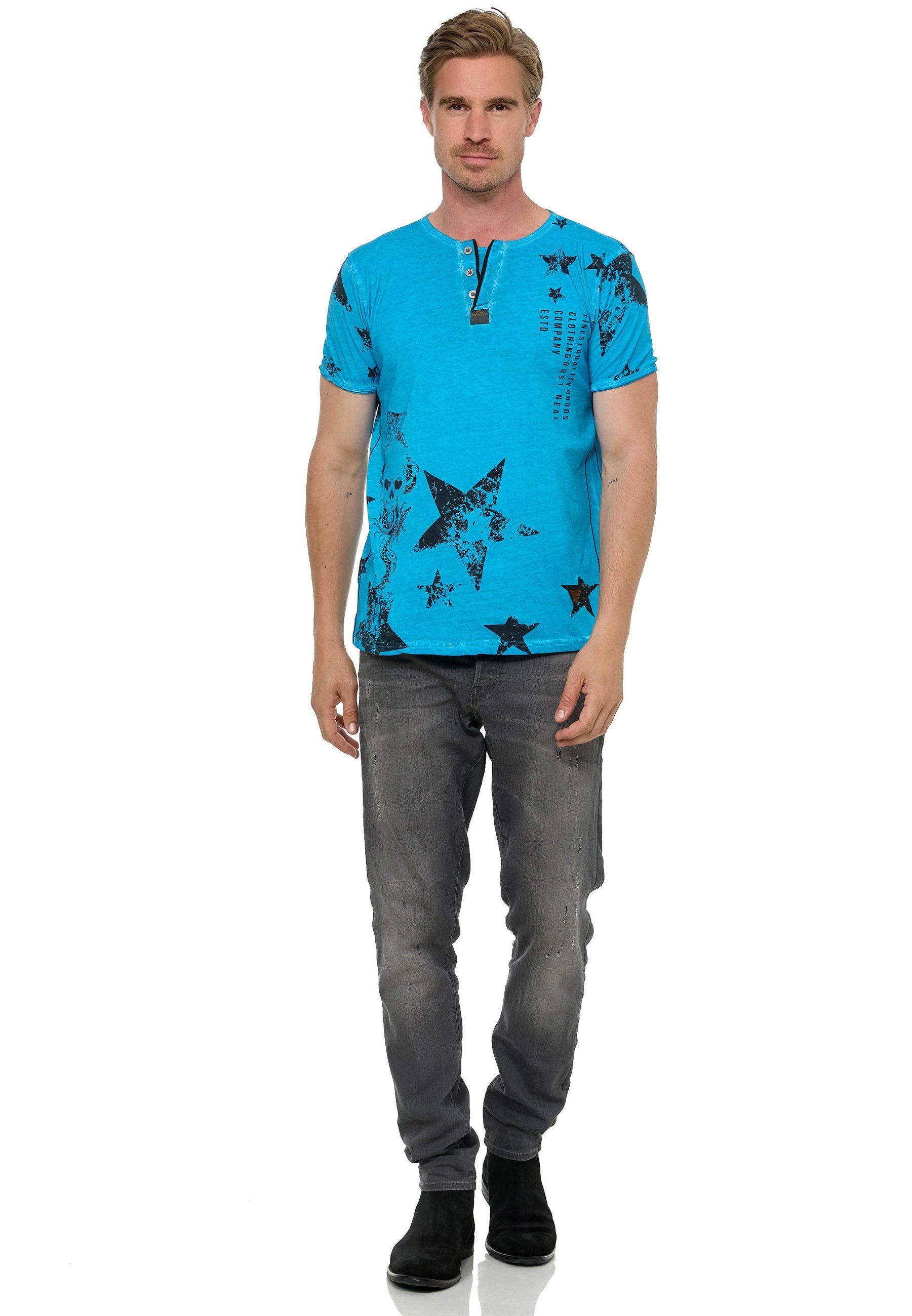 Rusty Neal T-Shirt mit Knopleiste Skull-Print und schwarz