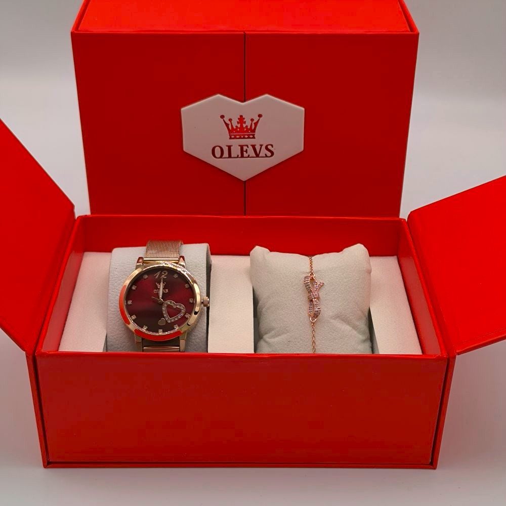 Quarzuhr Ostern Muttertag Olevs 5189 Geschenkset Damenuhr Roségold mit Herz 5189-R Set