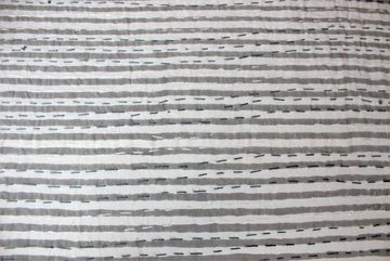 Tagesdecke Tagesdecke Bettüberwurf Blockprint grau weiß gestreift, Indradanush, auch als Tischdecke, extra groß 170 x 270 cm