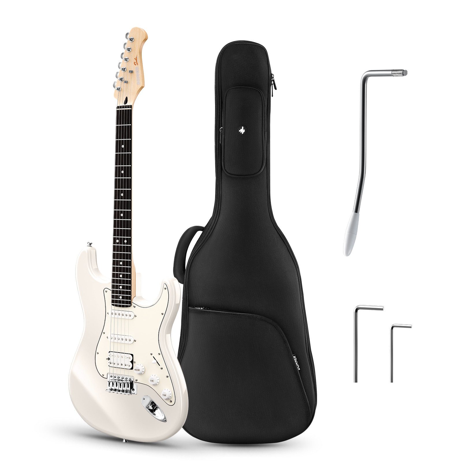 Donner E-Gitarre E-Gitarre H-S-S Tonabnehmer Monoblock ST Style Q1 mit Tremolohebel, Ergonomischem Design, Tasche, Tremolo Bar