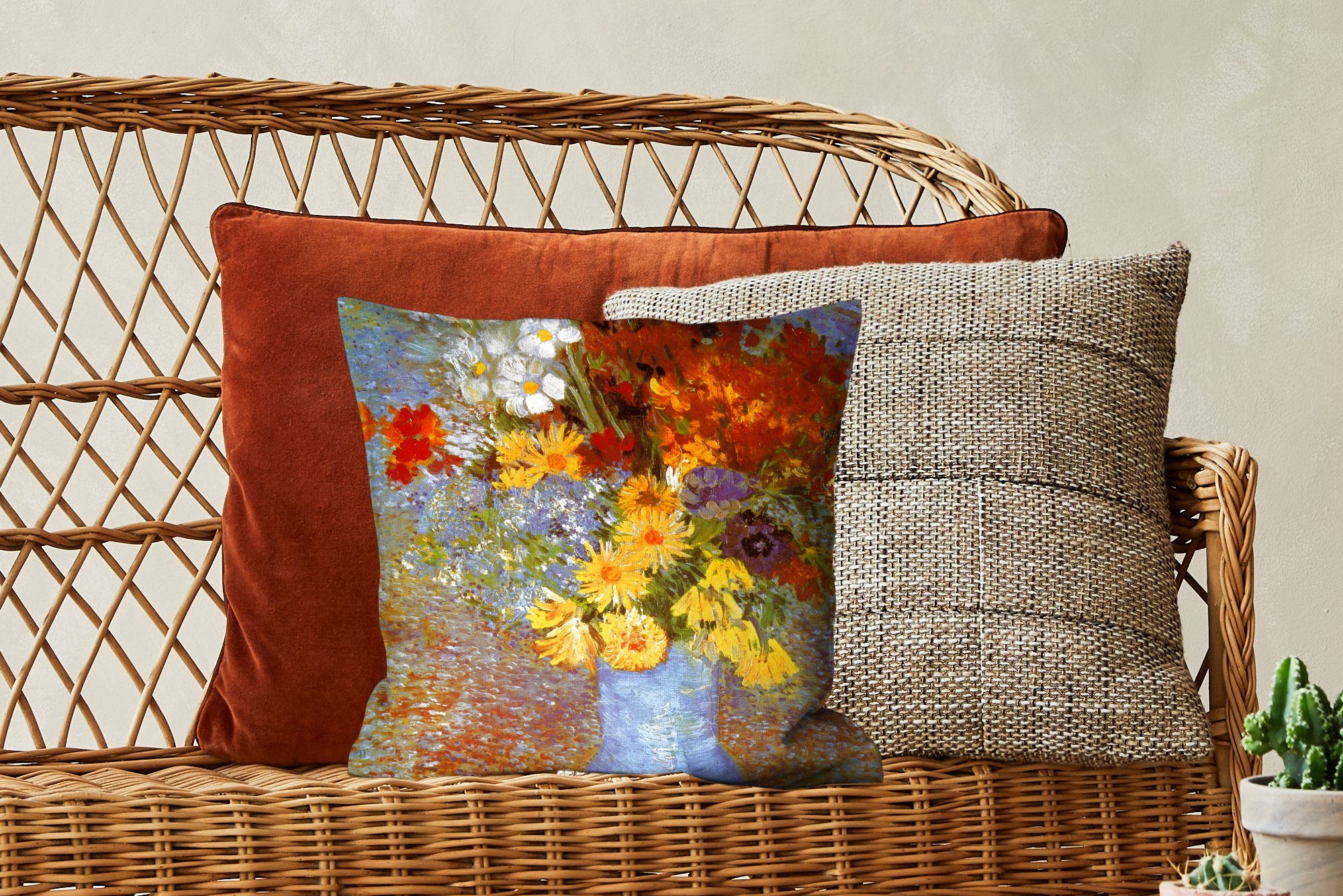 Wohzimmer, Zierkissen Schlafzimmer, Füllung und Gänseblümchen mit Vase MuchoWow von - Dekokissen van Gemälde Sofakissen Deko, mit Anemonen Gogh, für Vincent