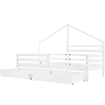 XDeer Babybett Hausbett Kinderbett mit Ablageregal, mit zwei großen Schubladen Stauraum und Kaminform 90x200 Weiß