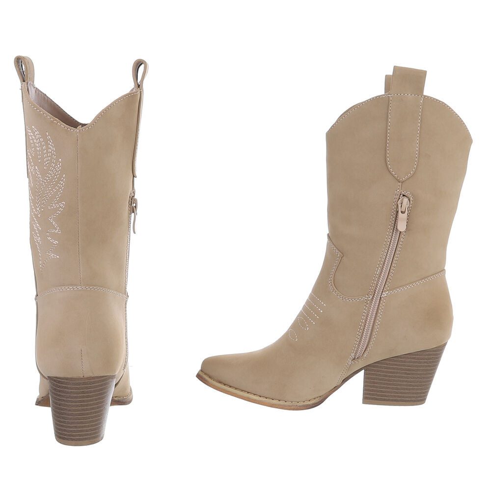Ital-Design Elegante Damen Stiefel mit Stickerei für Alltag und Freizeit Westernstiefelette (90482739) Blockabsatz Stiefeletten in Hellbraun