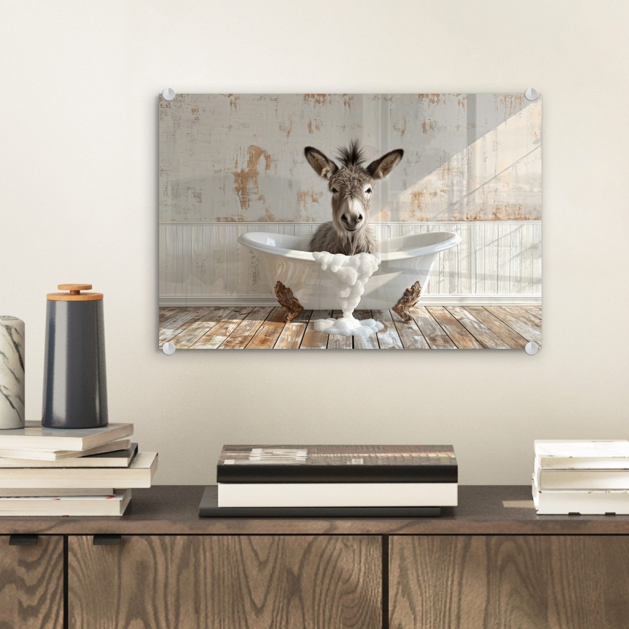 MuchoWow Acrylglasbild Esel - Tiere - Badewanne - Schaumstoff, Inkl. Aufhän günstig online kaufen