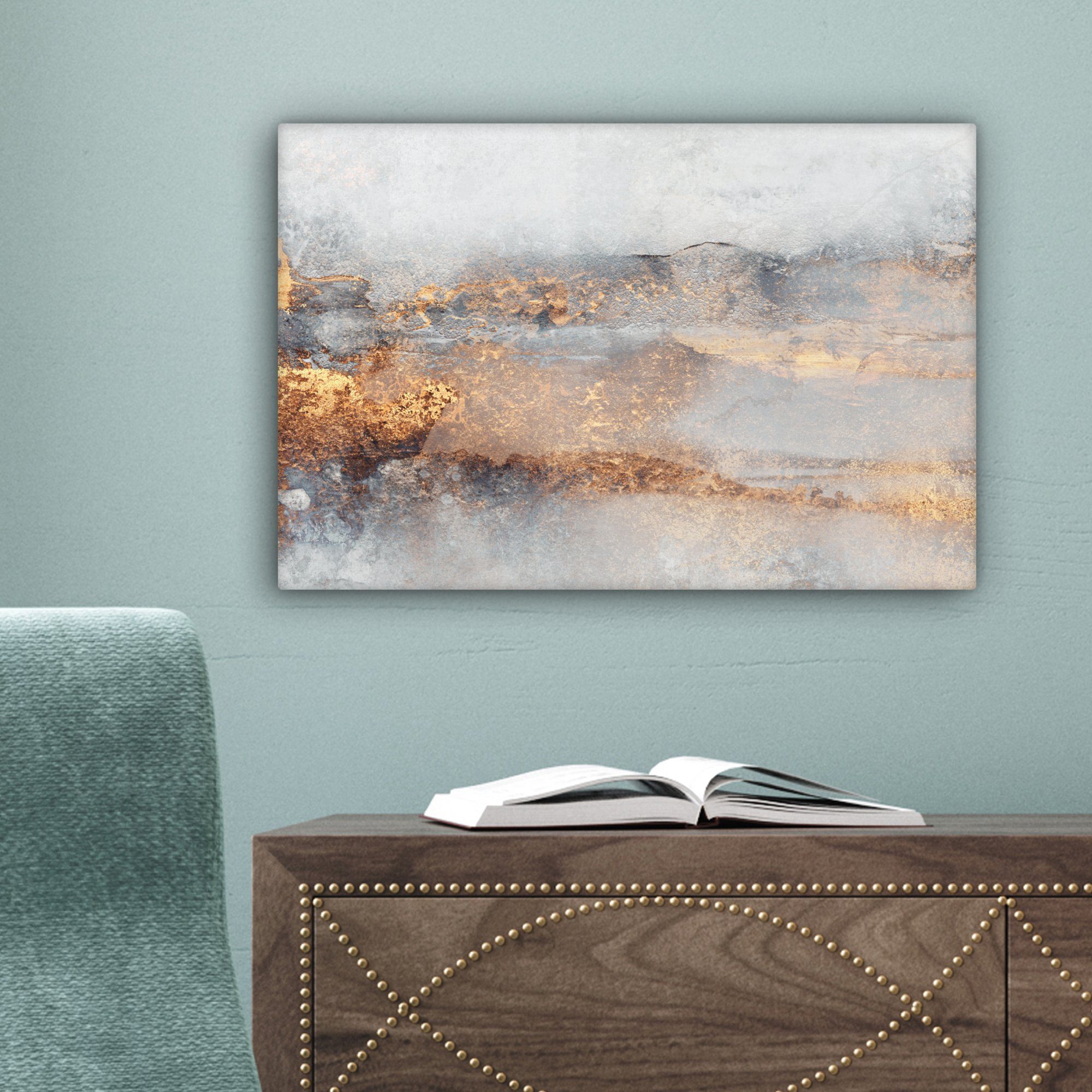 OneMillionCanvasses® Leinwandbild Nebel - Gold - Abstrakt, Fotodruck (1 St), Leinwand Bilder Klein, Wand Dekoration Aesthetic 30x20 cm – Bild 5 von 5