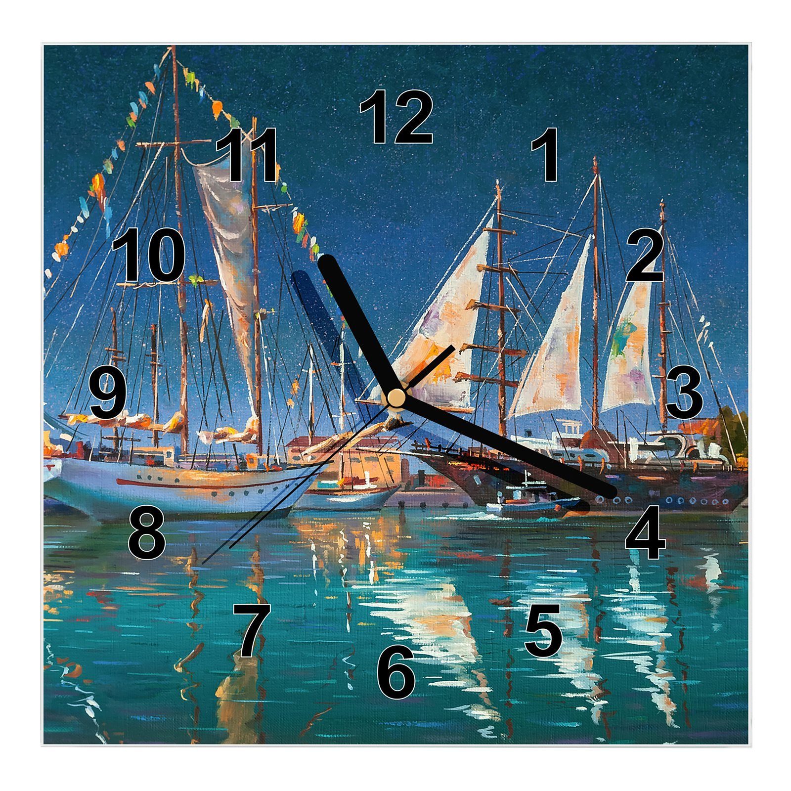 Primedeco Wanduhr Glasuhr Wanduhr Wandkunst Größe 30 x 30 cm mit Motiv Segelschiffe am Hafen