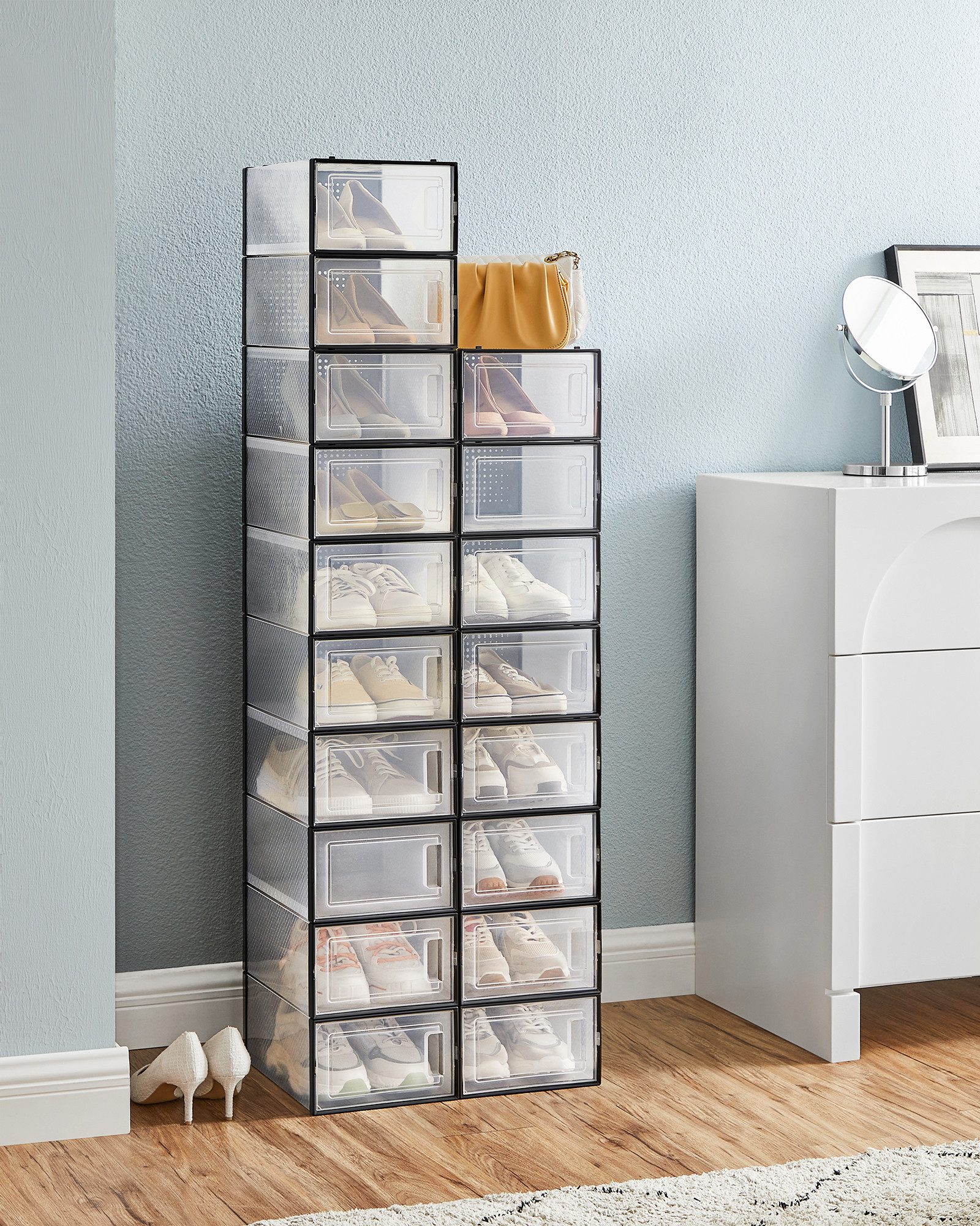 SONGMICS Schuhbox 18er Set, Schuh-Organizer aus Kunststoff, faltbar und stapelbar (18 St), für Schuhe bis Größe 44, 33,5 x 23,2 x 14,3 cm