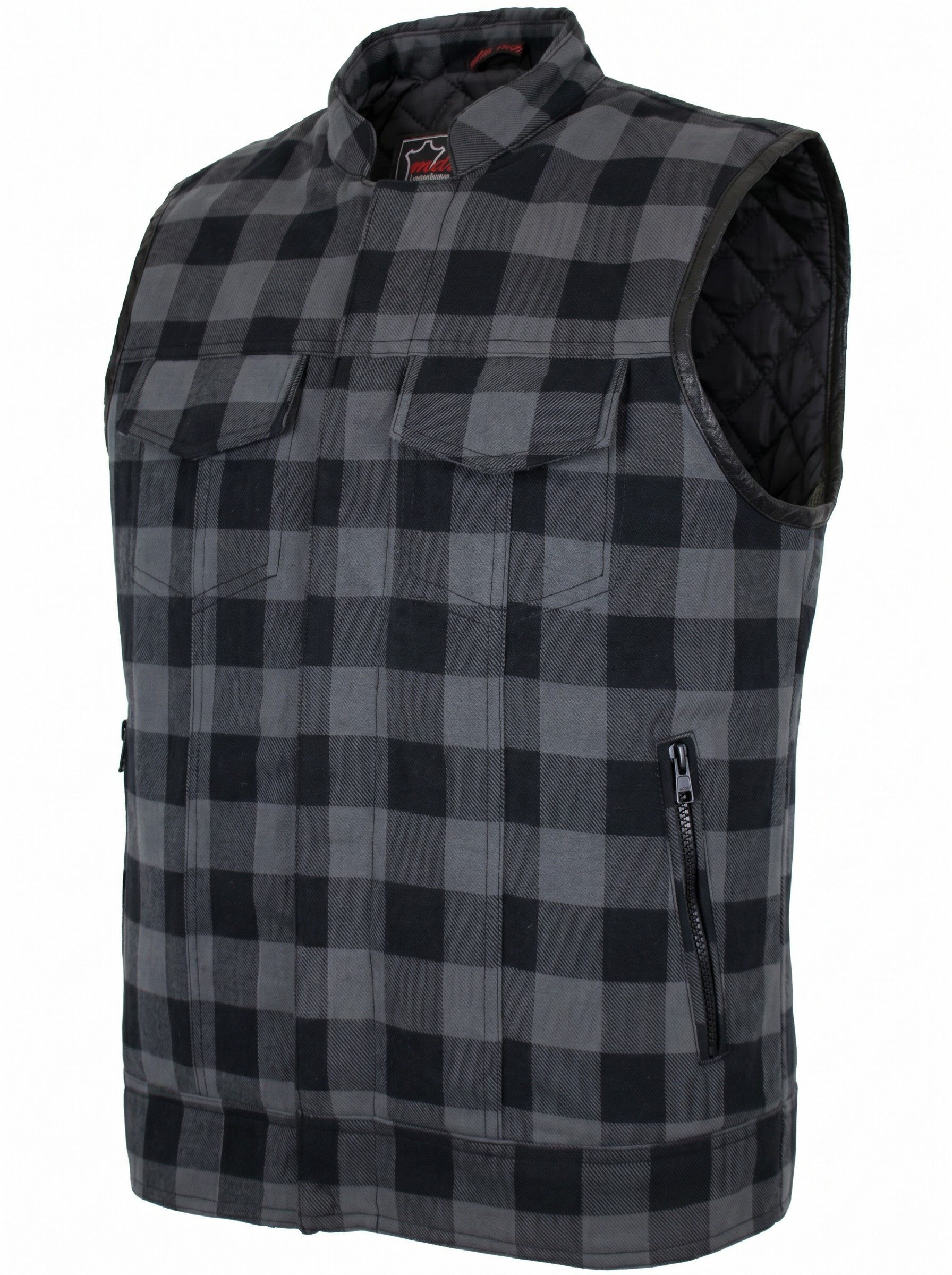 MDM Karoweste Herren Holzfäller Weste kariert Lumberjack Textilweste (Karierte Herren Lumberjack Bikerweste im Holzfäller-Look) leichte Karierte Bikerweste im Holzfäller-Look mit 6 Taschen