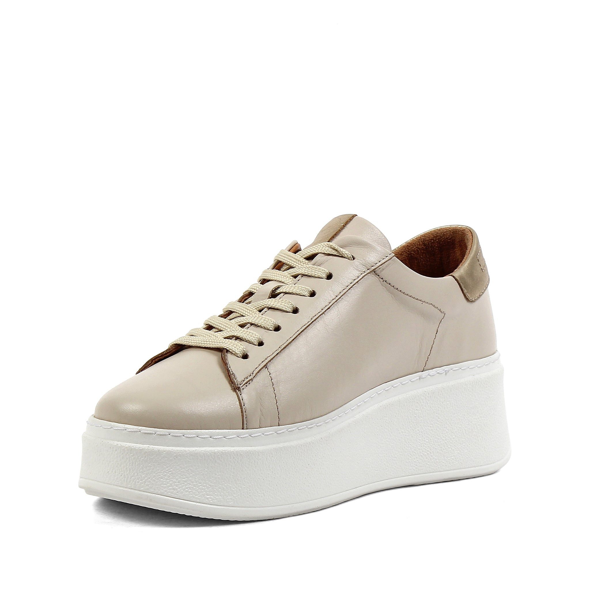 Celal Gültekin Plateau Sneaker Keilabsatz Goldakzent Low-Top Damen Keilsneaker Glattleder, Echtleder-Futter & Decksohle, Beige, 36